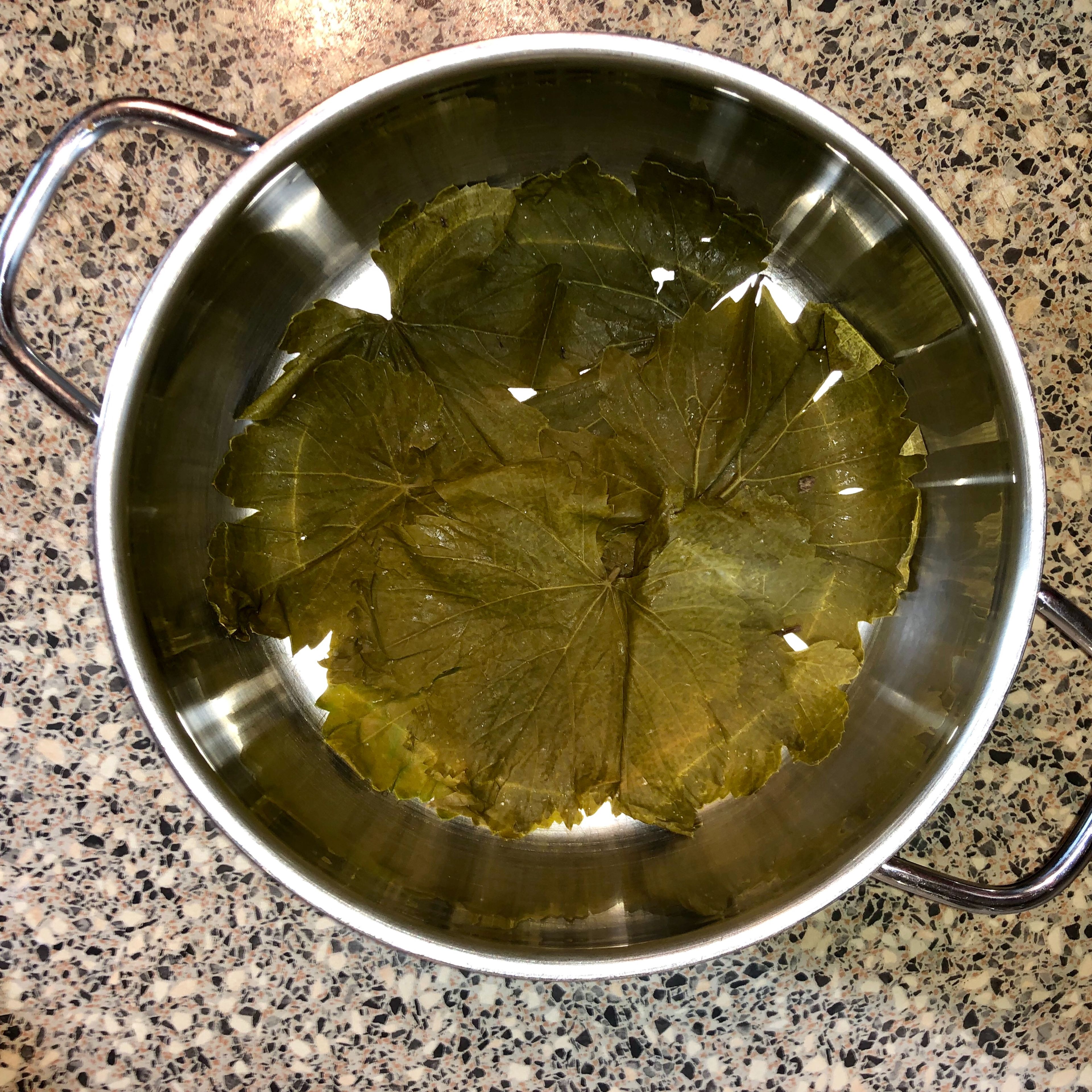 Next, prep your pot. Place some grape leaves on the bottom of a medium to large pot to prevent the dolma from sticking.