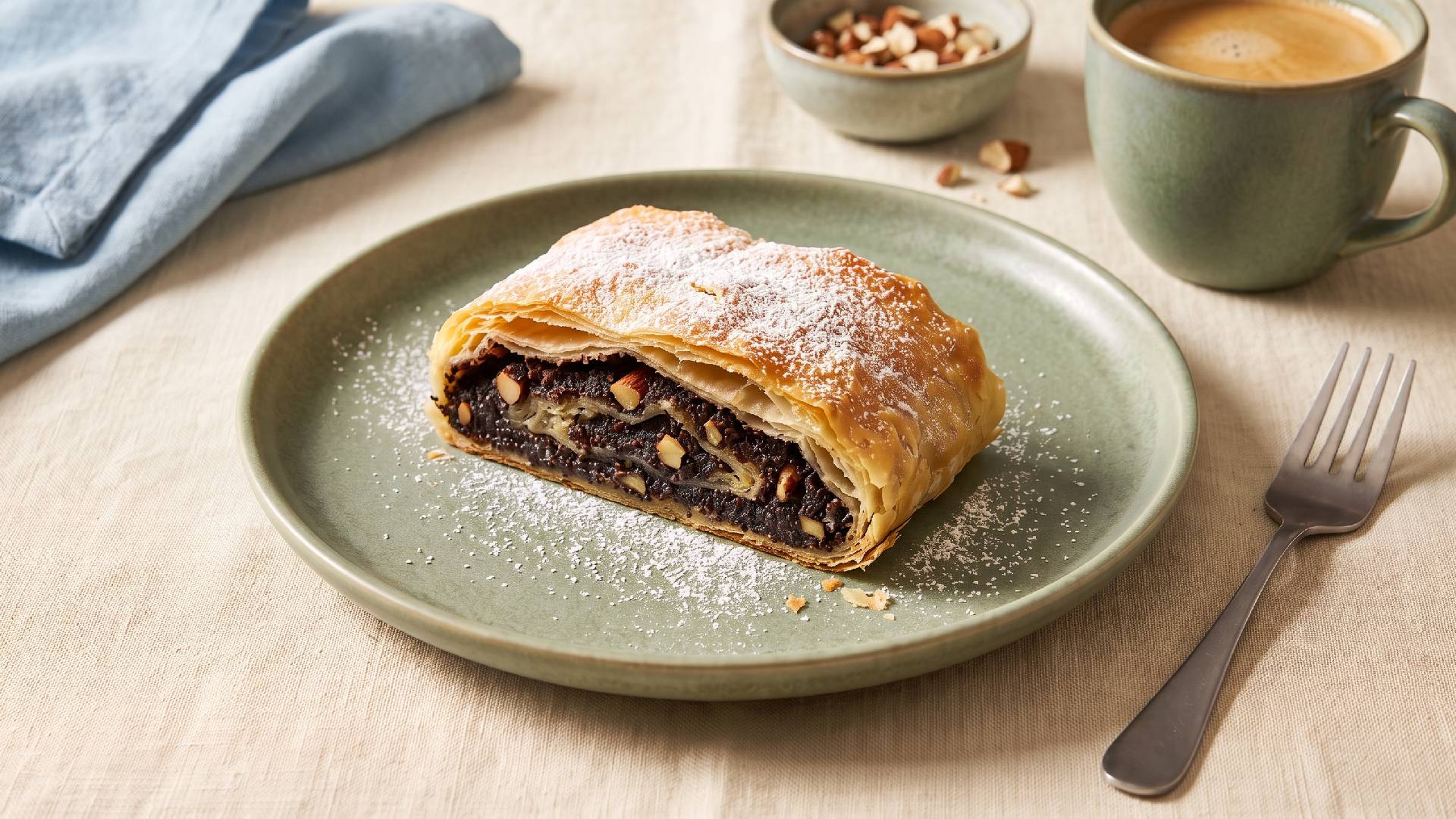 Einfacher Mohnstrudel aus Blätterteig für die Kaffeetafel