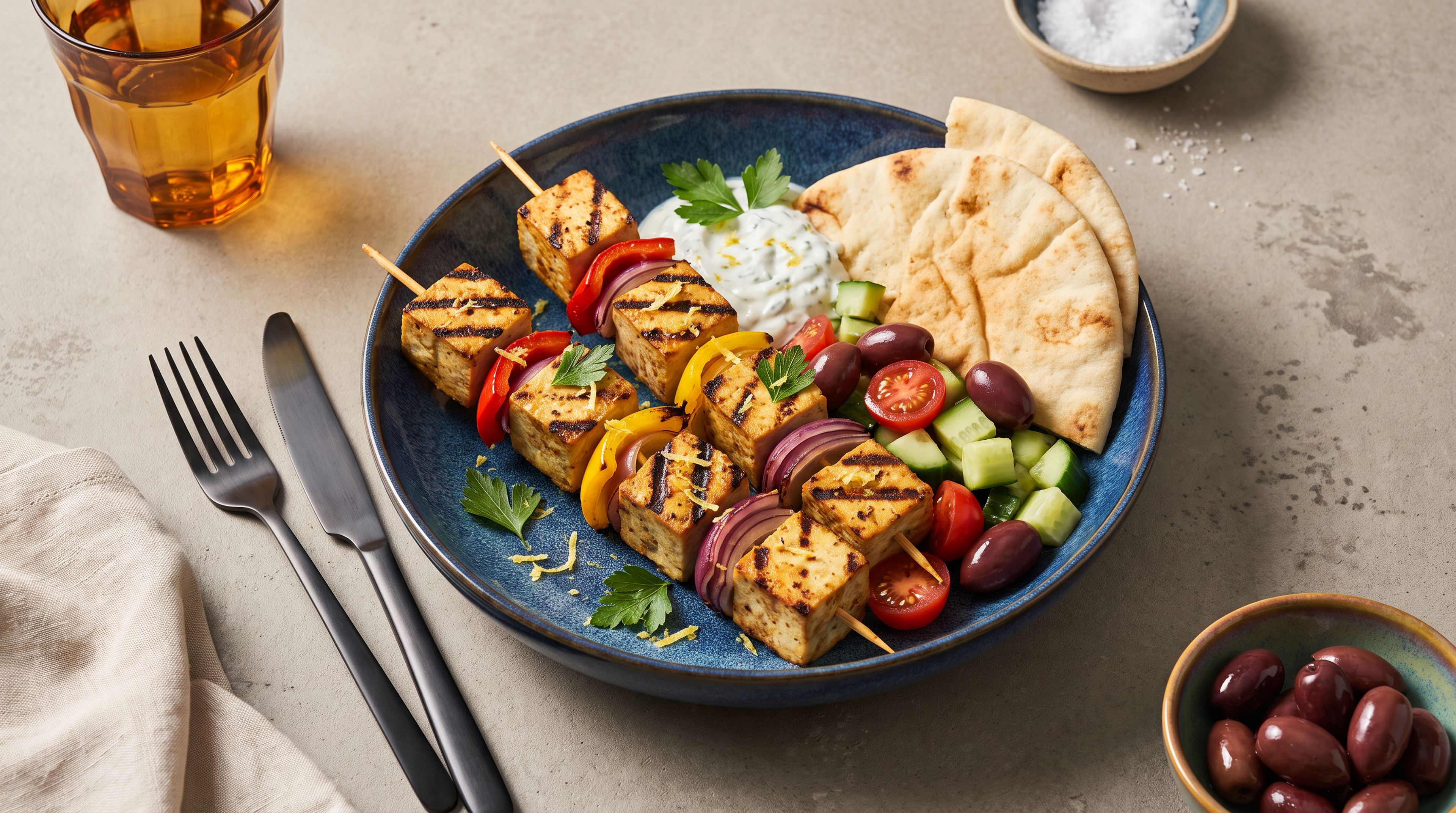 Griechisch grillen: So machst du veganes Tofu-Souvlaki selbst