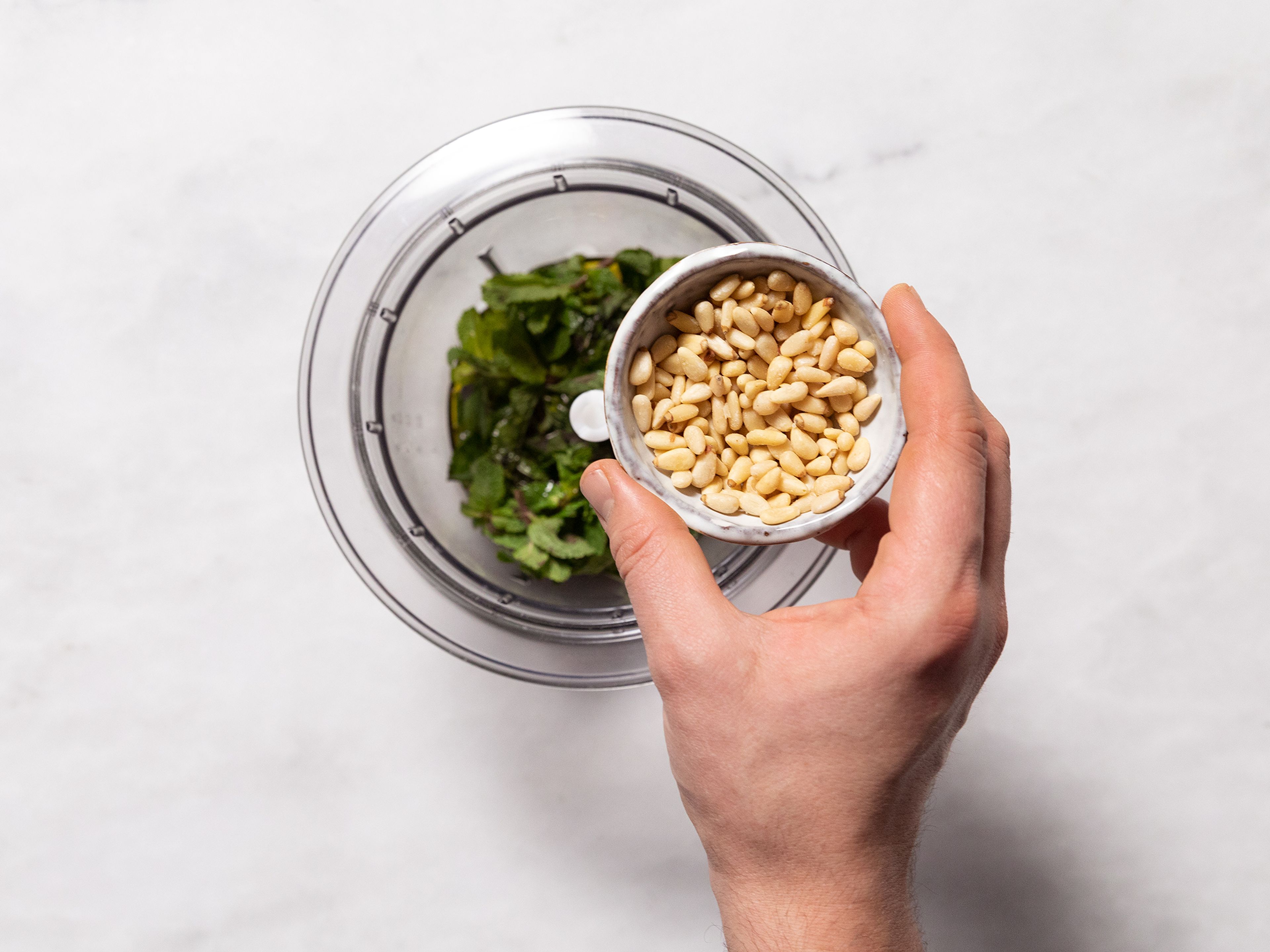 In the meantime, prepare the pesto: Add mint, olive oil, pine nuts, Pecorino cheese, and lemon juice to a food processor, season with salt and pepper, and blend until smooth. Set aside until serving.