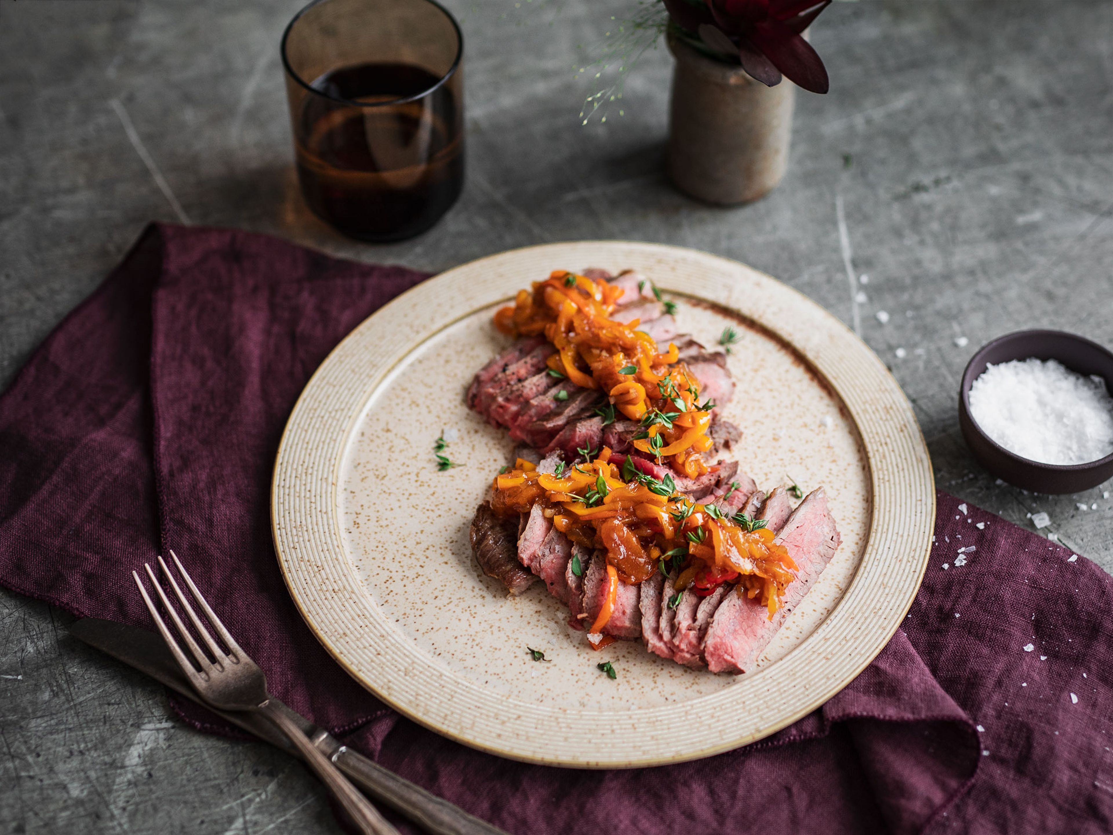 Grilled flank steak with bell pepper-apricot relish