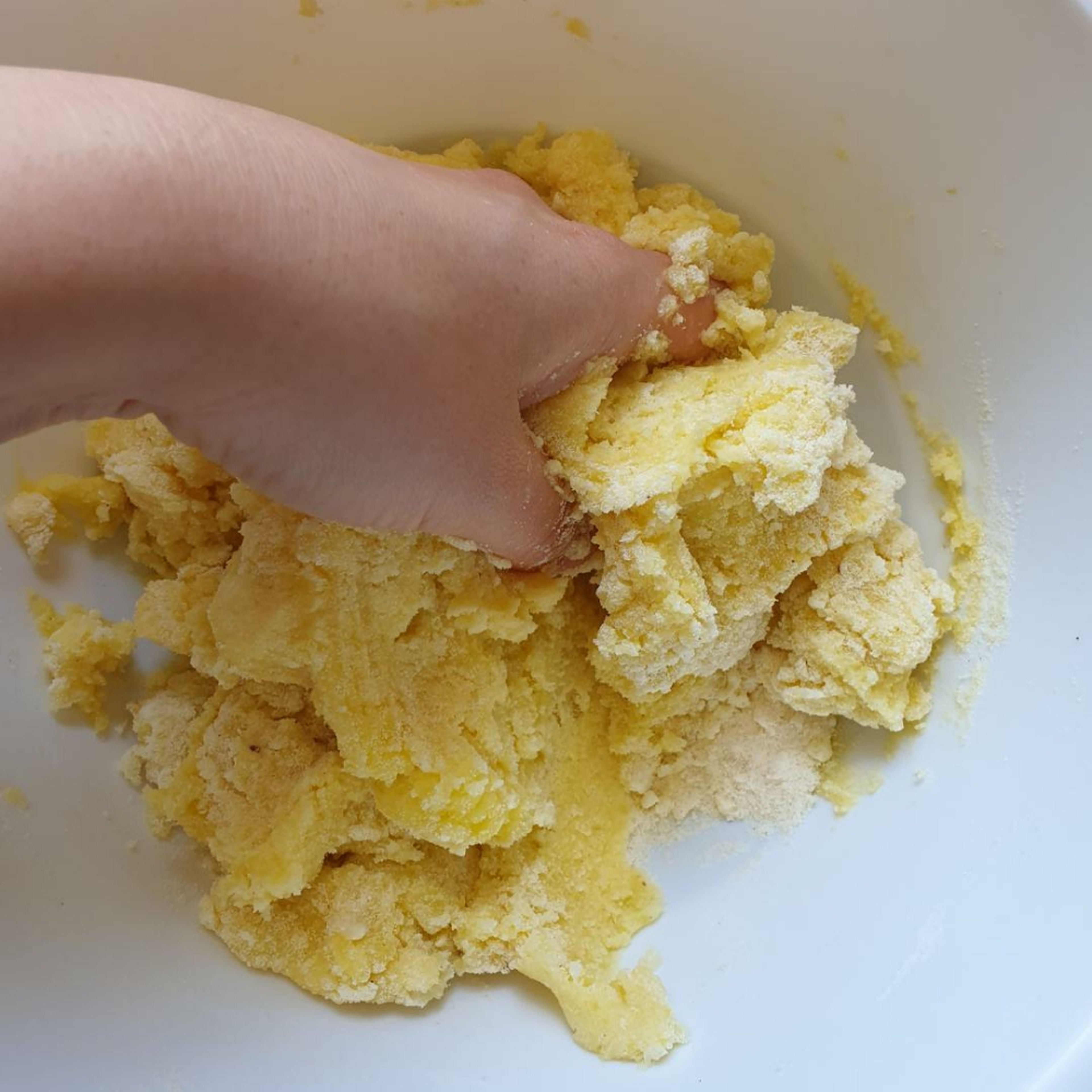 Zu den Kartoffeln ein Ei, das Mehl und die Gewürze geben und mit den Händen zu einem glatten Teig verkneten.