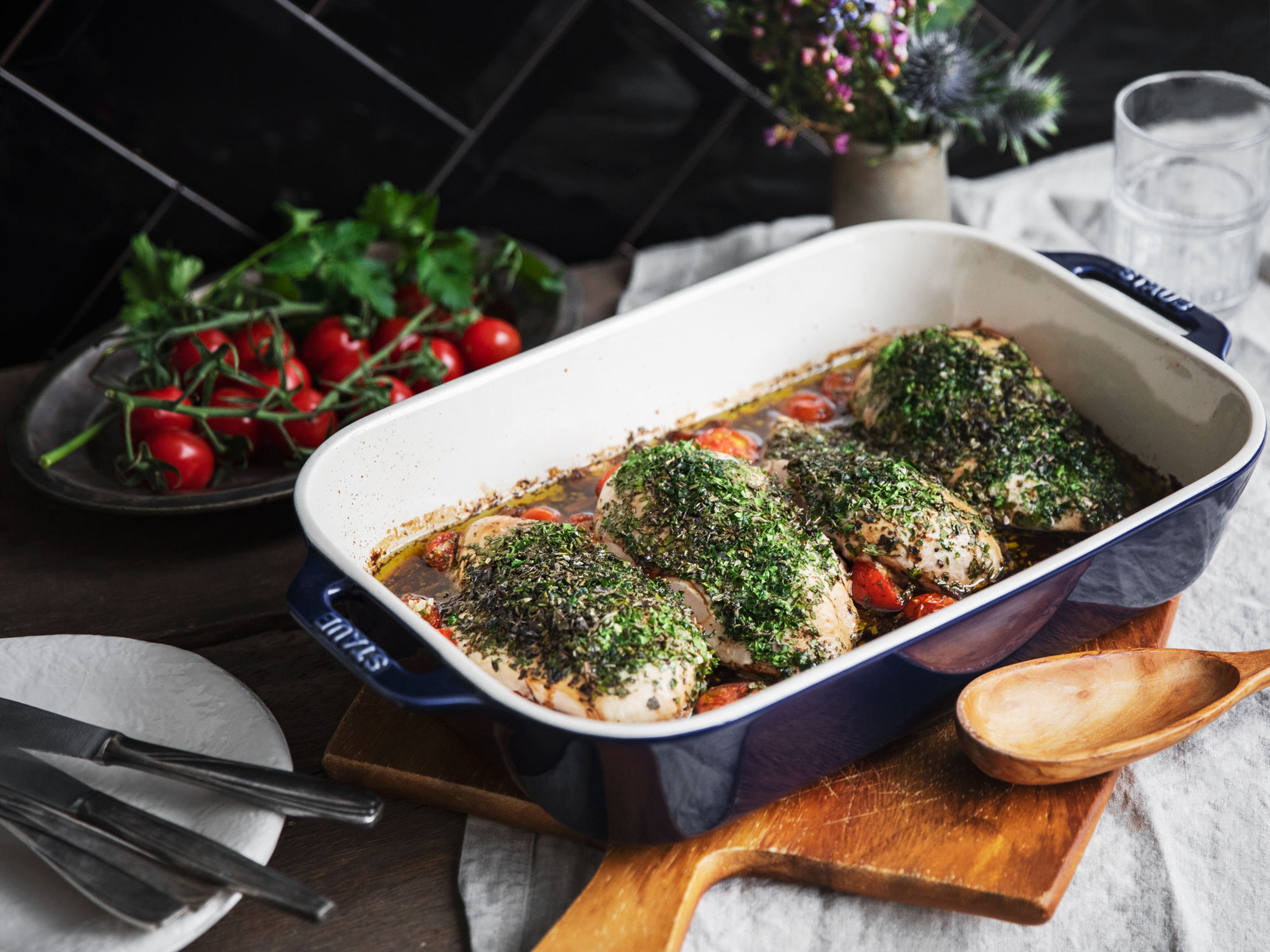 Easy baked chicken breasts with tomatoes and herbs