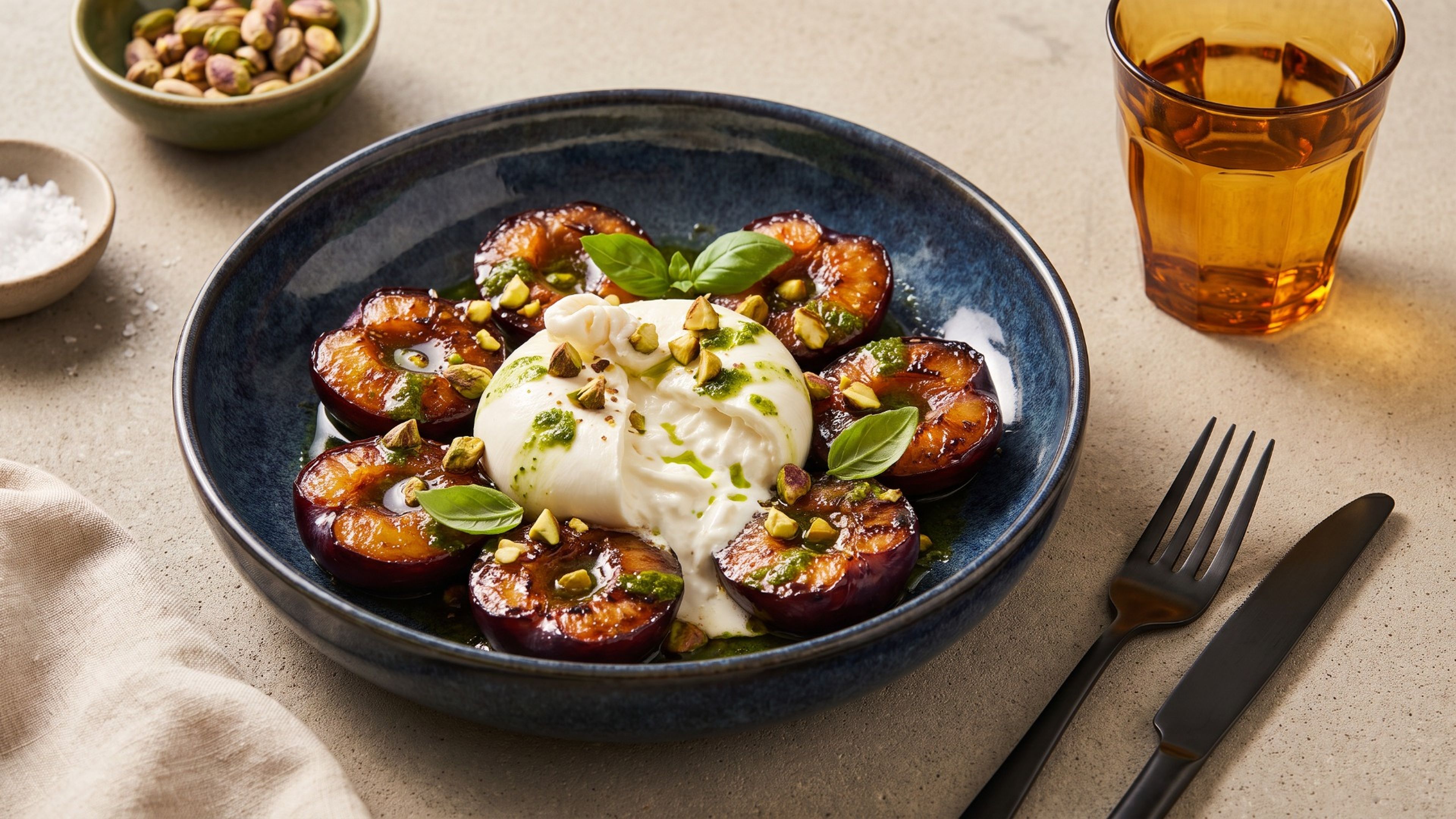 Gebratene Pflaumen mit cremiger Burrata und Pistazien