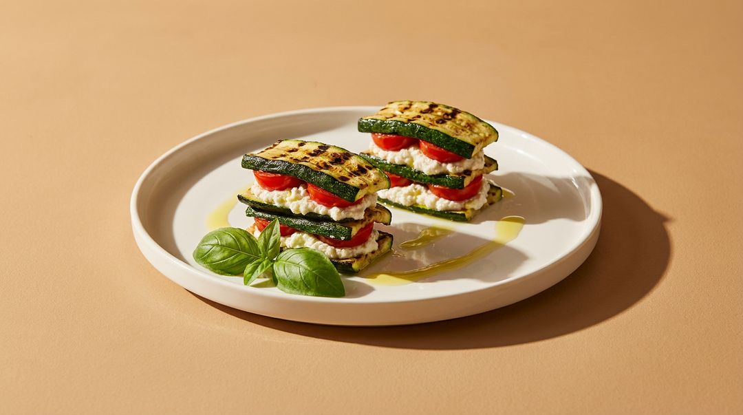 Herzhaftes Zucchini-Millefeuille mit cremigem Ricotta und Tomaten