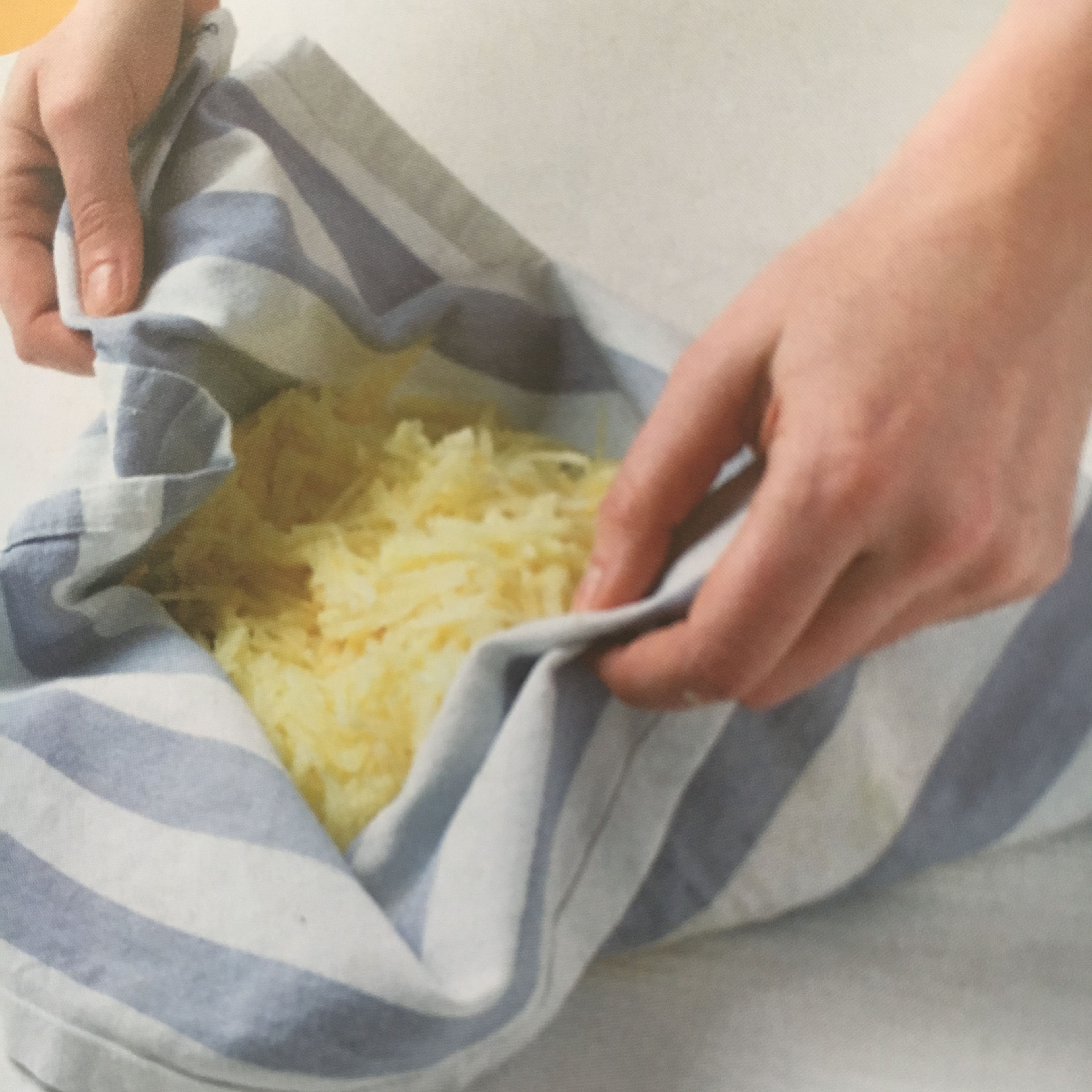 Use the tea towel to squeeze out any extra liquid which would make the rösti soggy. Add to the salt and pepper and mix lightly with a fork