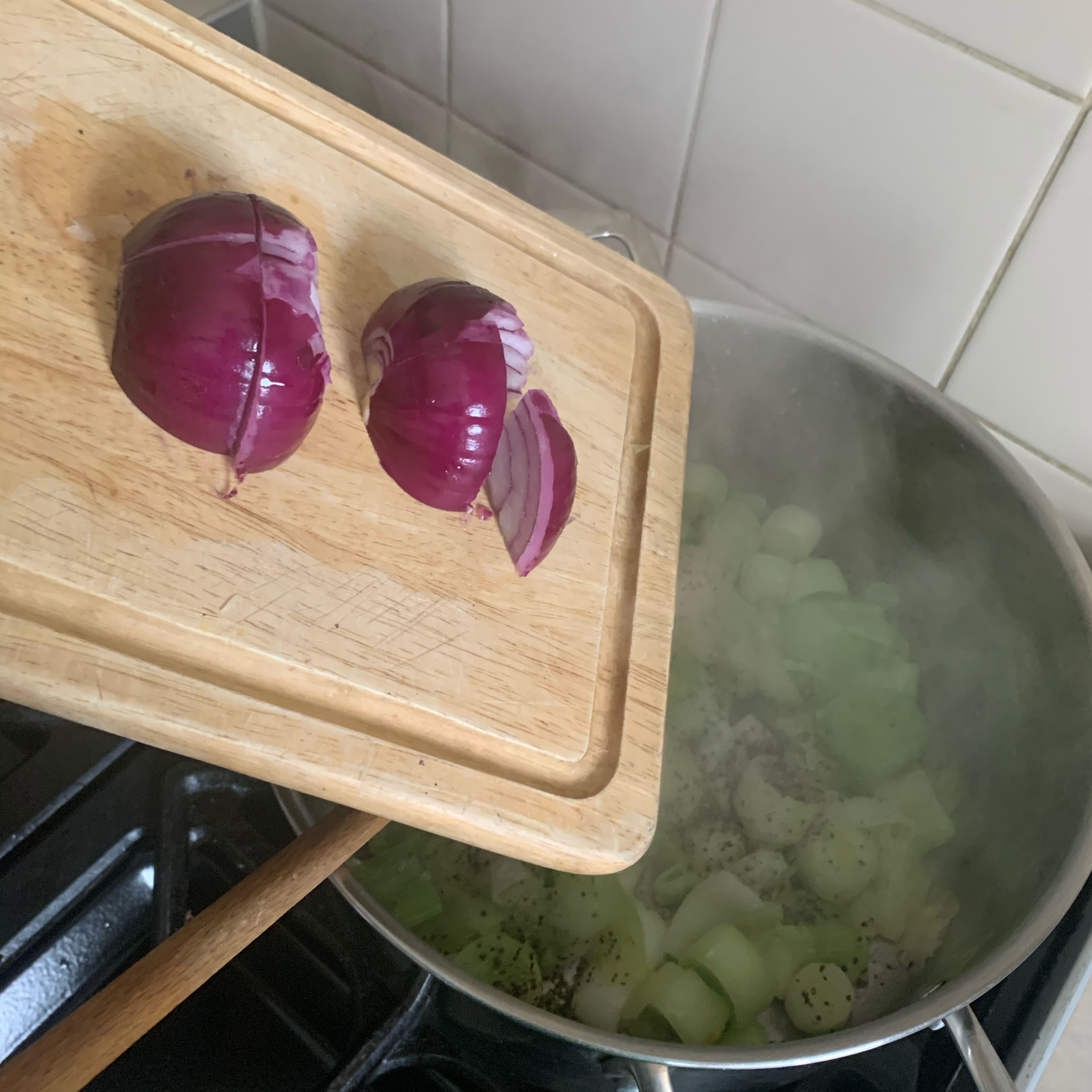 Peel, chop and add the red onion to the leek