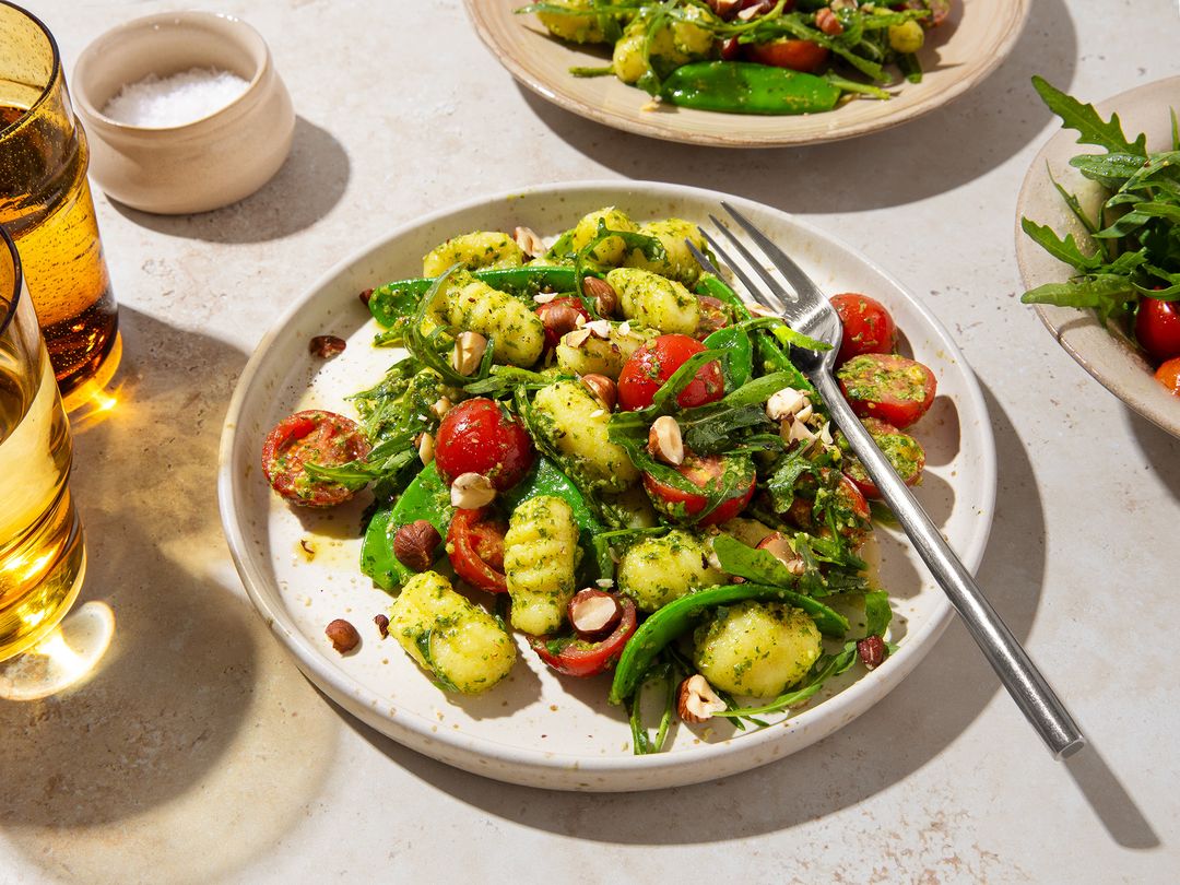 Gnocchi pesto salad with snap peas