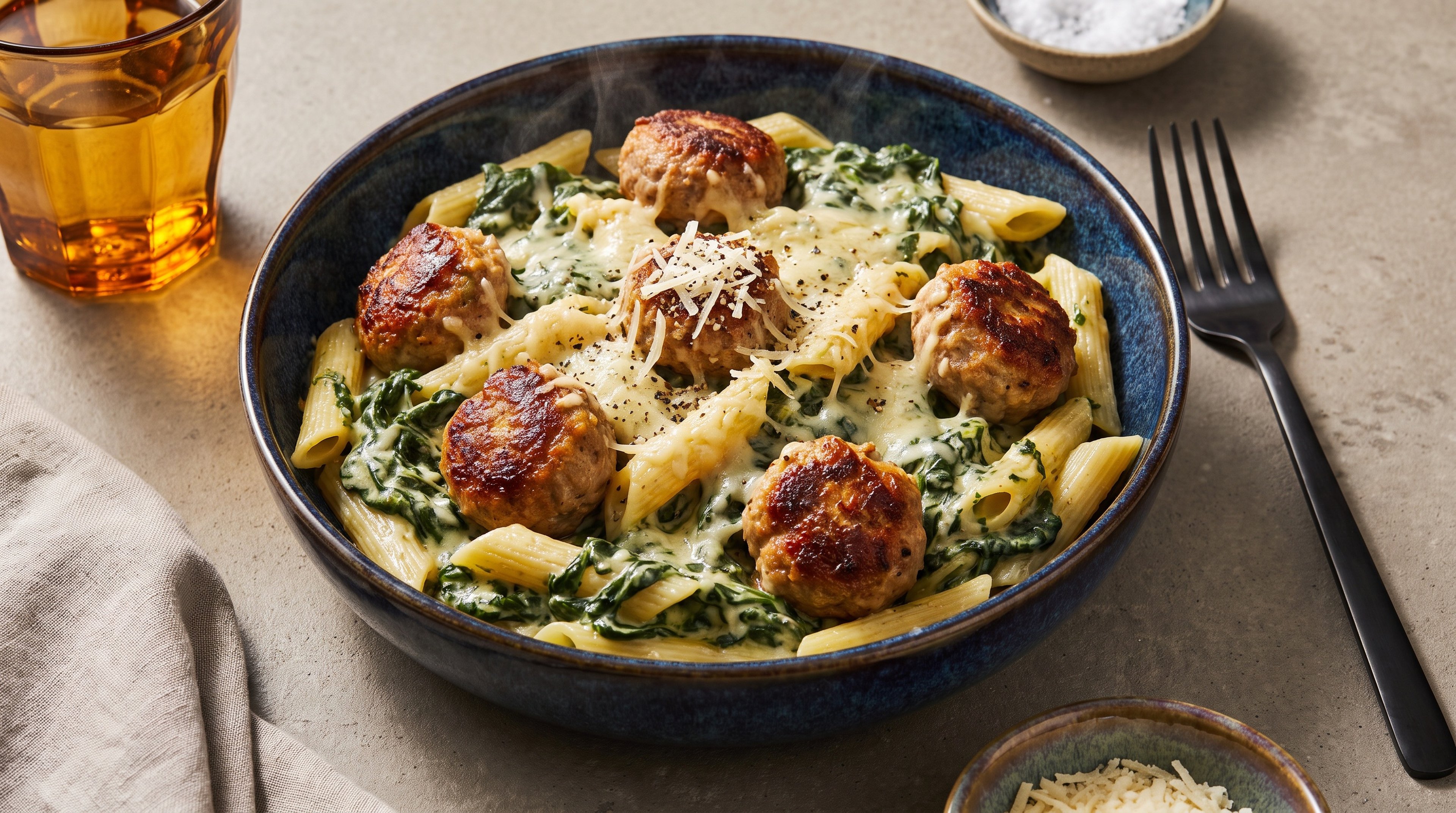 Cremiger Pasta-Auflauf mit saftigen Hackbällchen und Rahmspinat