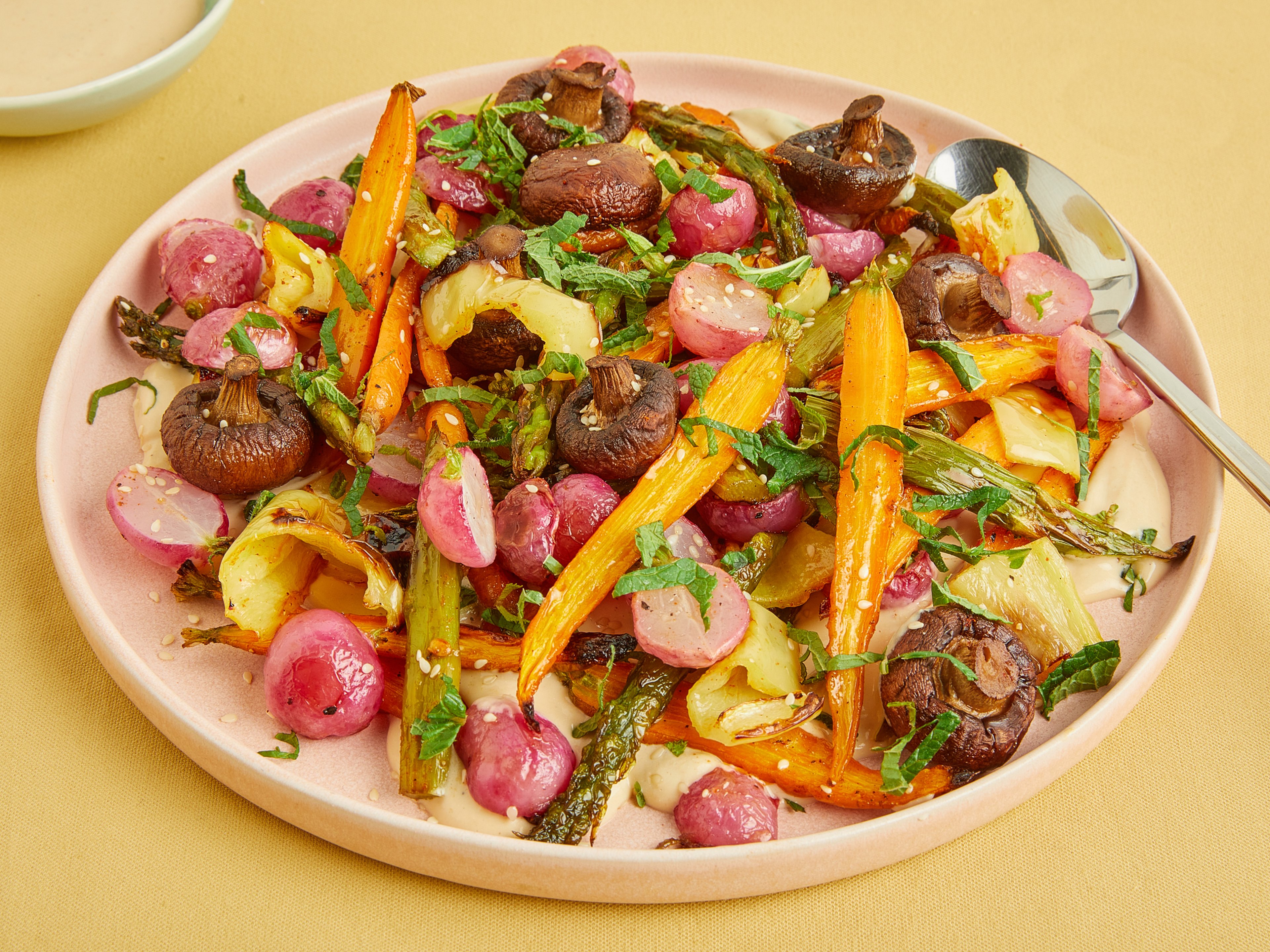 Sheet pan spring vegetables with miso-tahini sauce