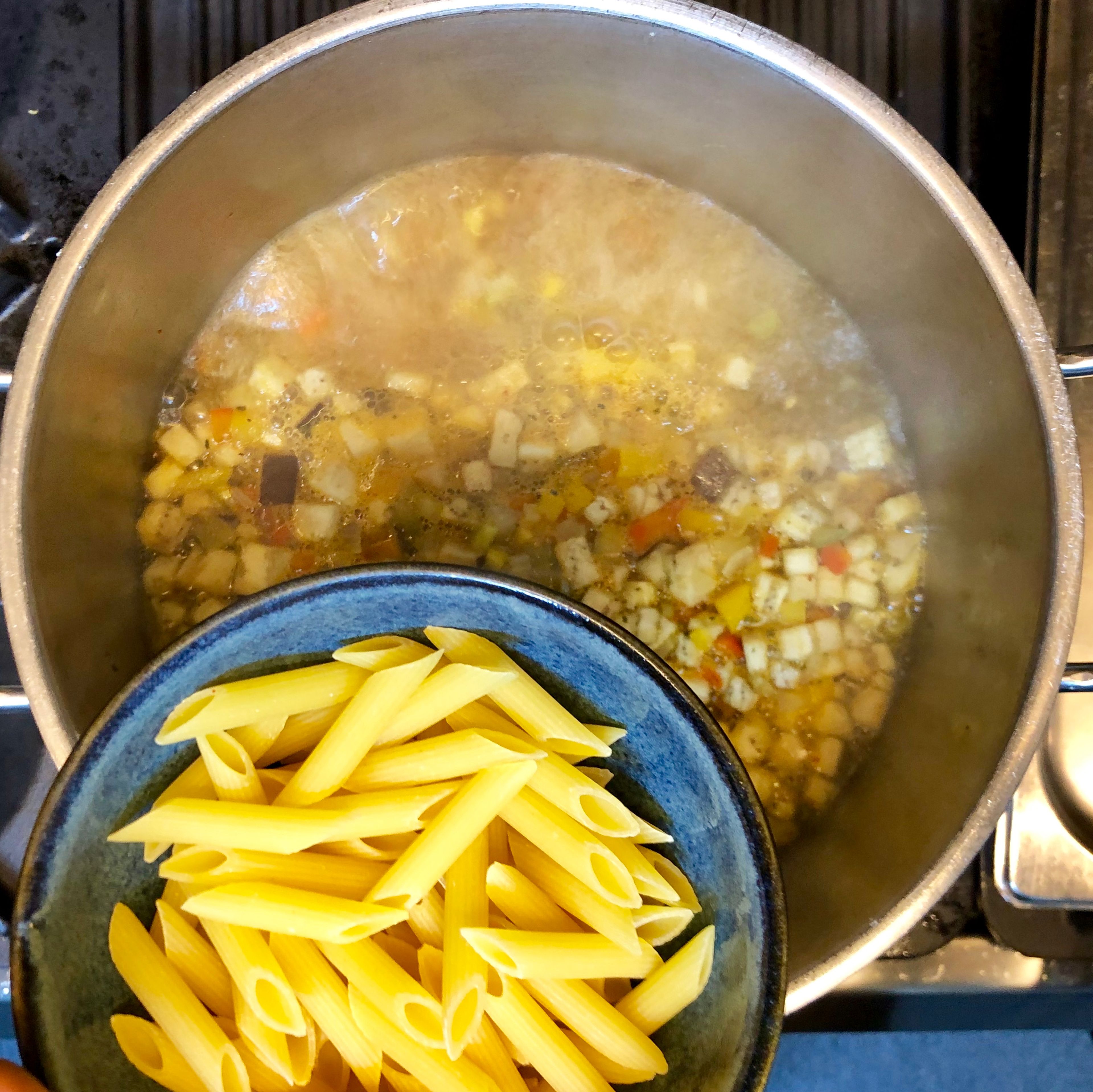 Add the penne and continue cooking for 7-9 minutes.