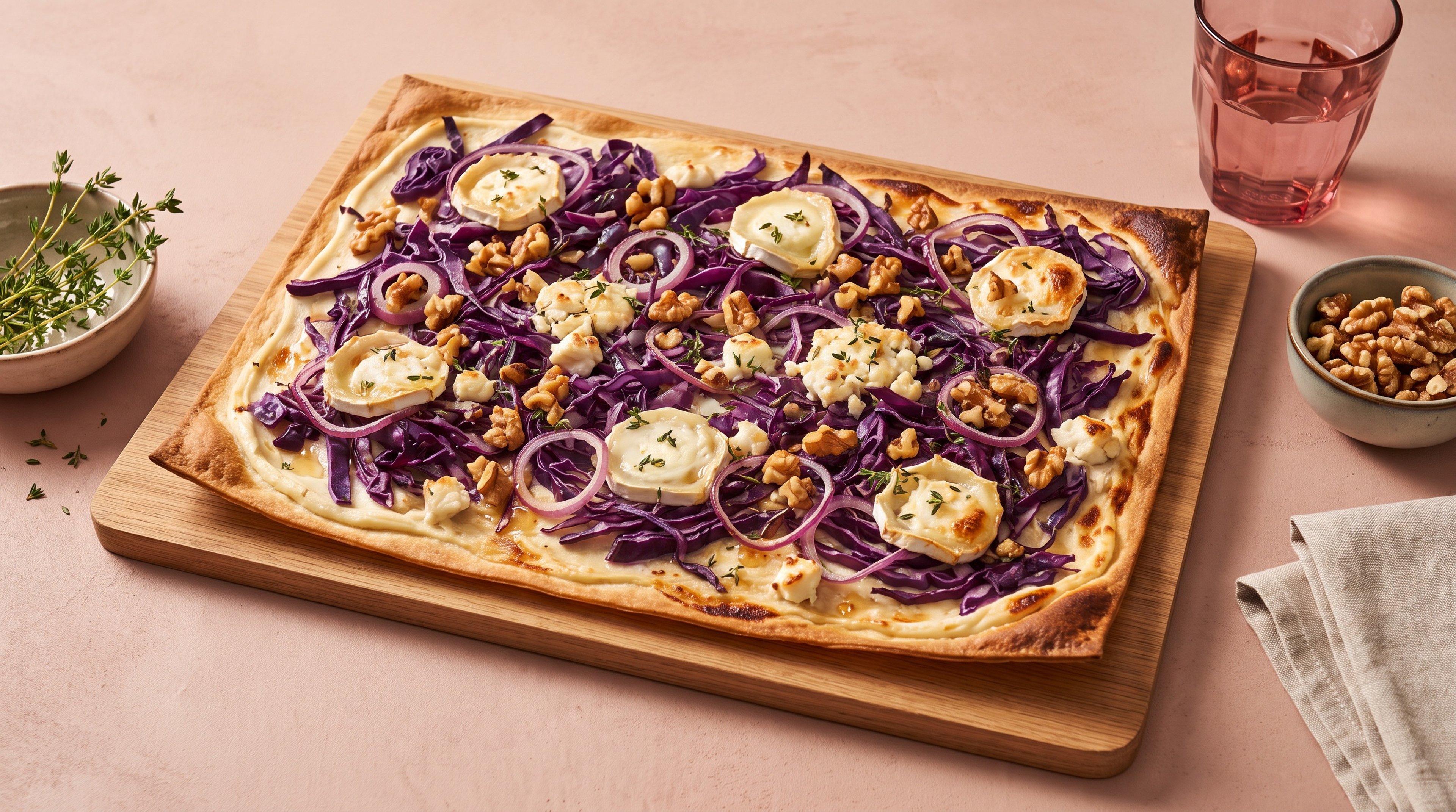 Herzhaftes Ofenglück: Knuspriger Flammkuchen mit Rotkohl, Ziegenkäse und Walnüssen