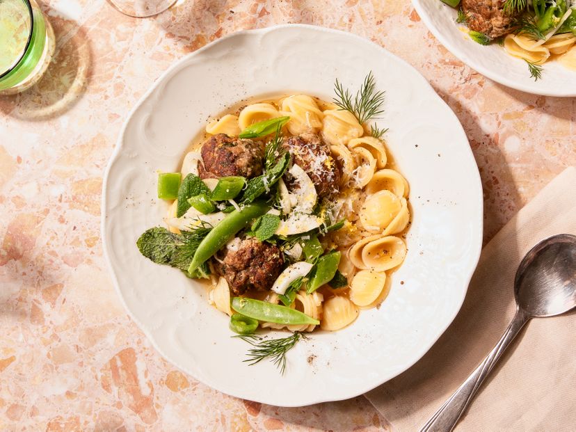Spring meatballs with orecchiette in lemony broth