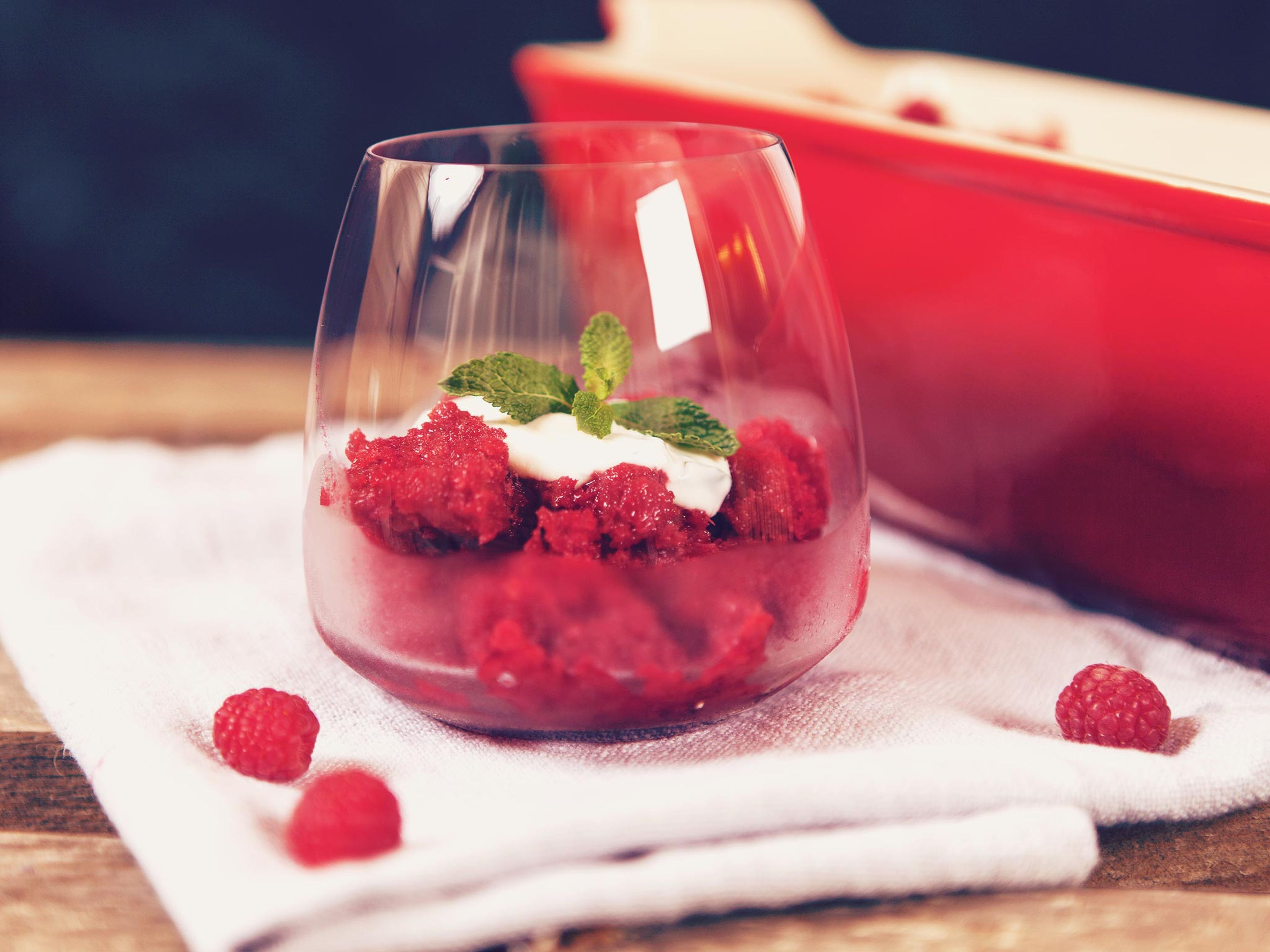 Raspberry granita with mint yogurt