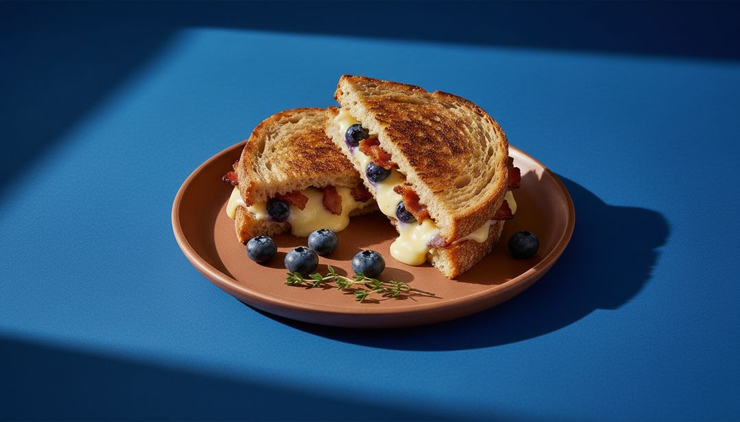 Knuspriges Grilled Cheese aus der Pfanne mit Blaubeeren und Bacon