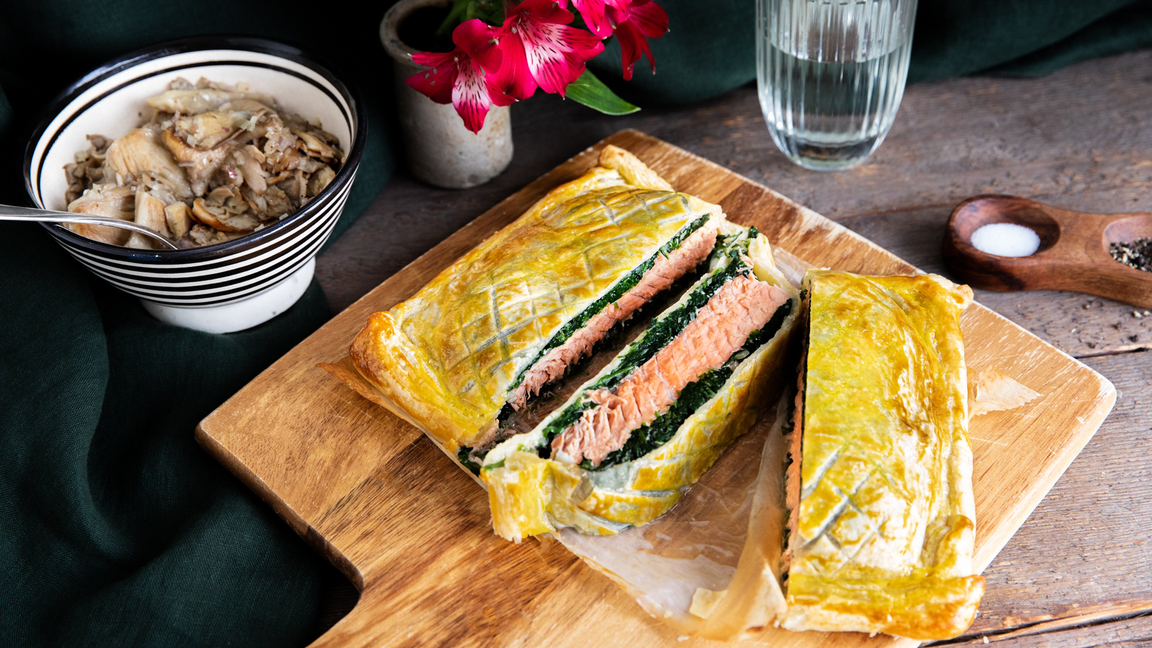 Salmon Wellington with oyster mushrooms