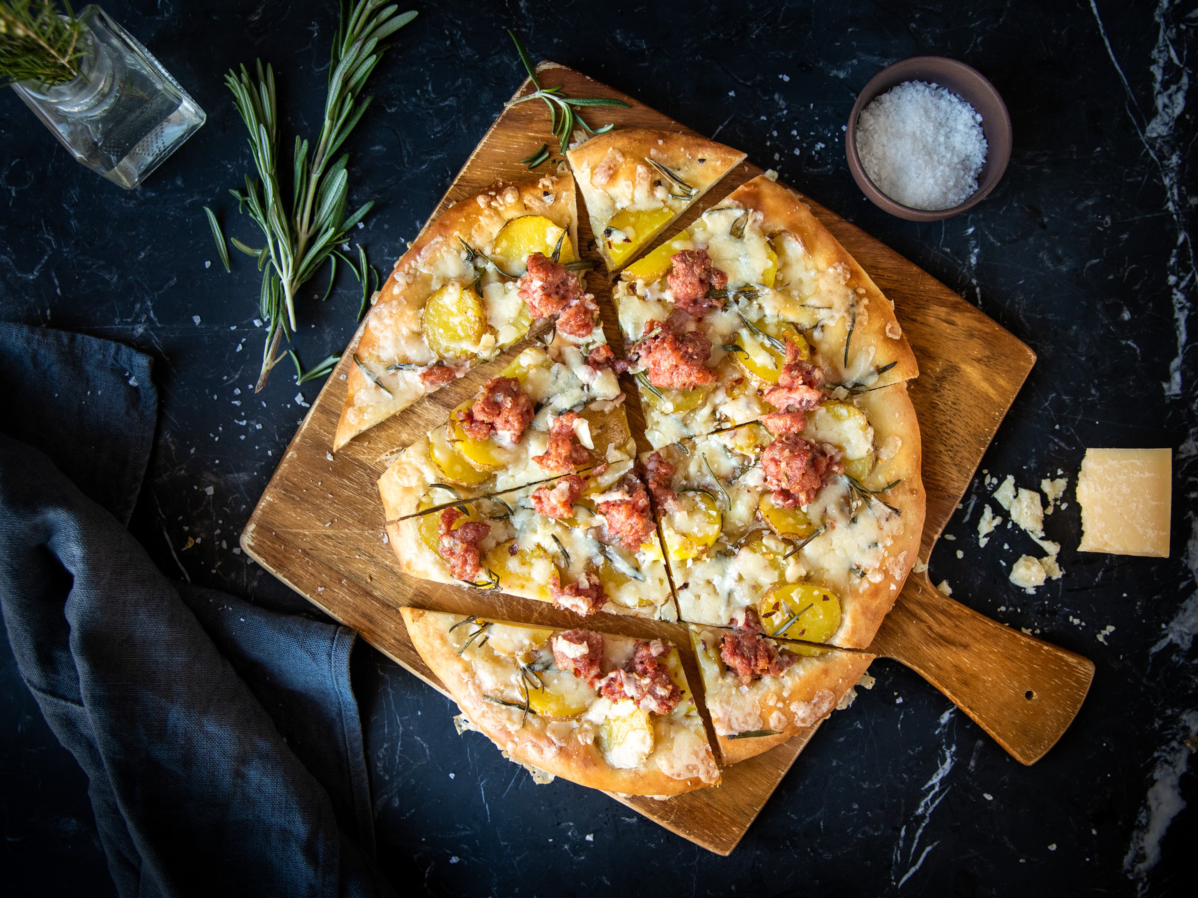 Sausage, potato, and rosemary focaccia