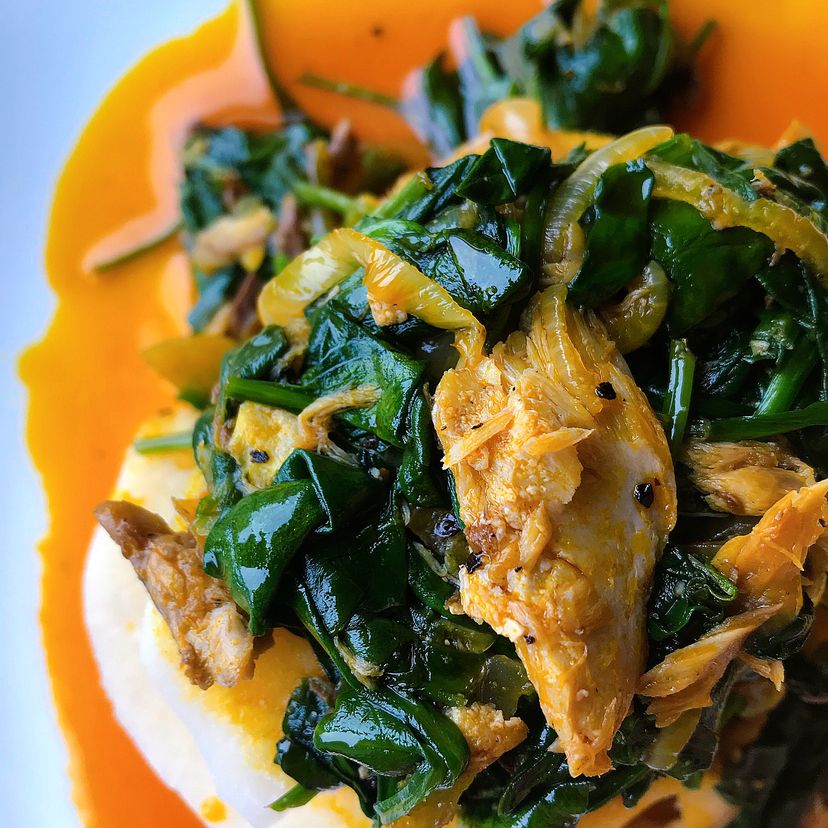 Nigerian Boiled Yam with Spinach & Mackerel