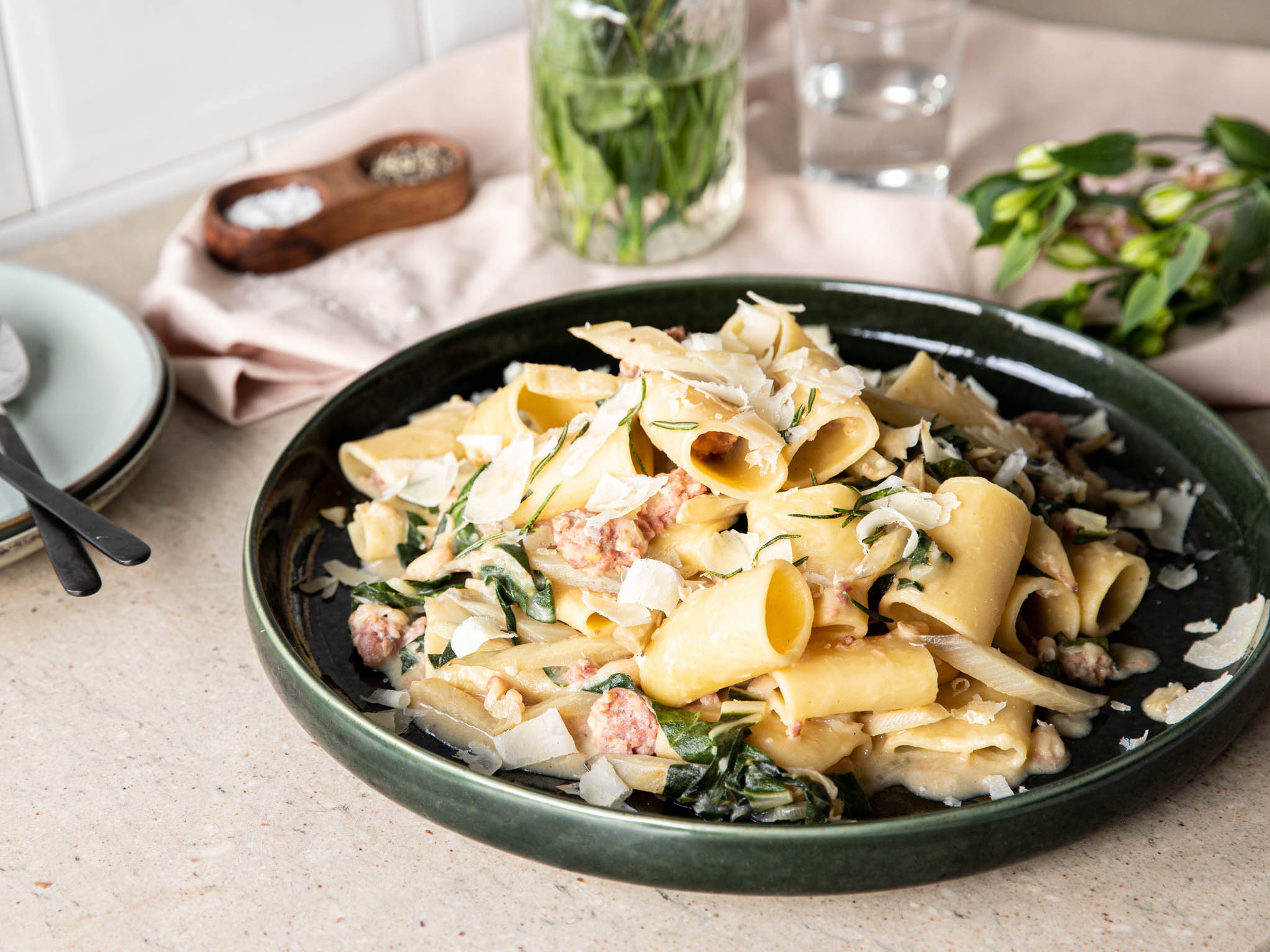 Swiss chard, Italian sausage, and white bean pasta