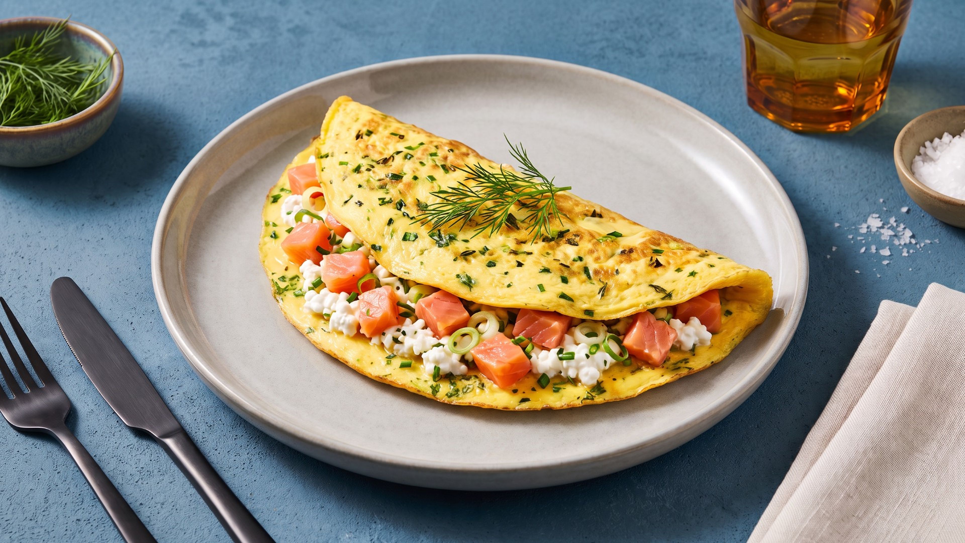 Kräuter-Omelett mit Räucherlachs und Hüttenkäse zum Frühstück