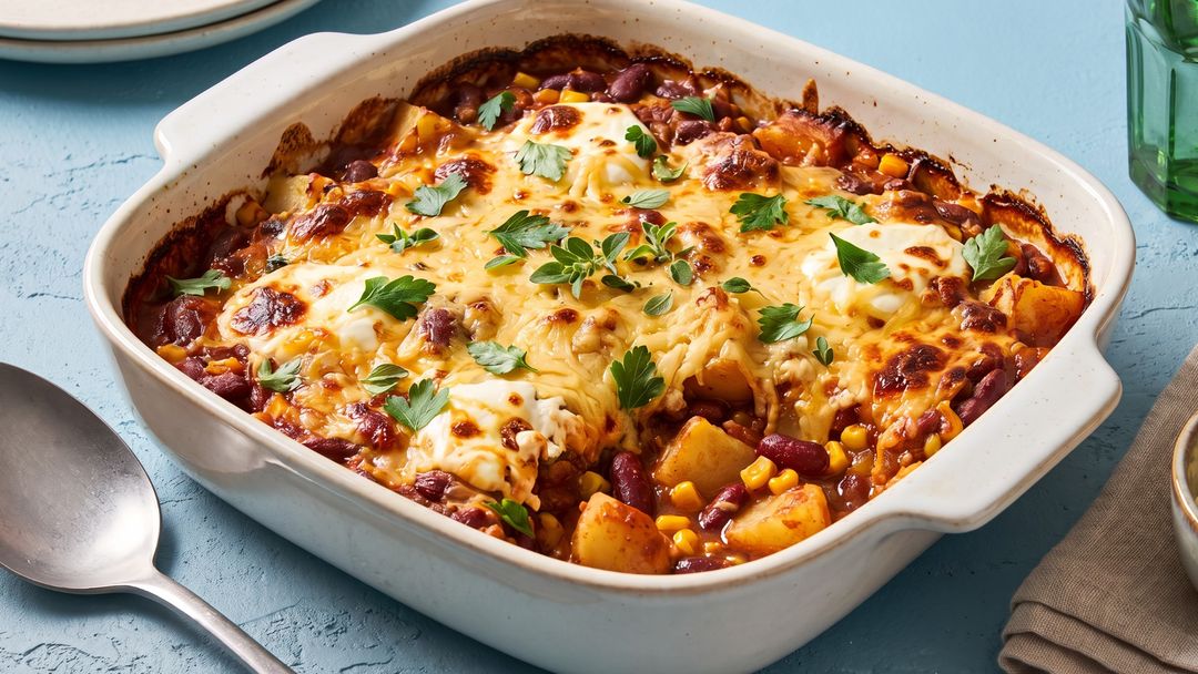 Herzhafter Chili-con-Carne-Auflauf mit Kartoffeln und Käsekruste