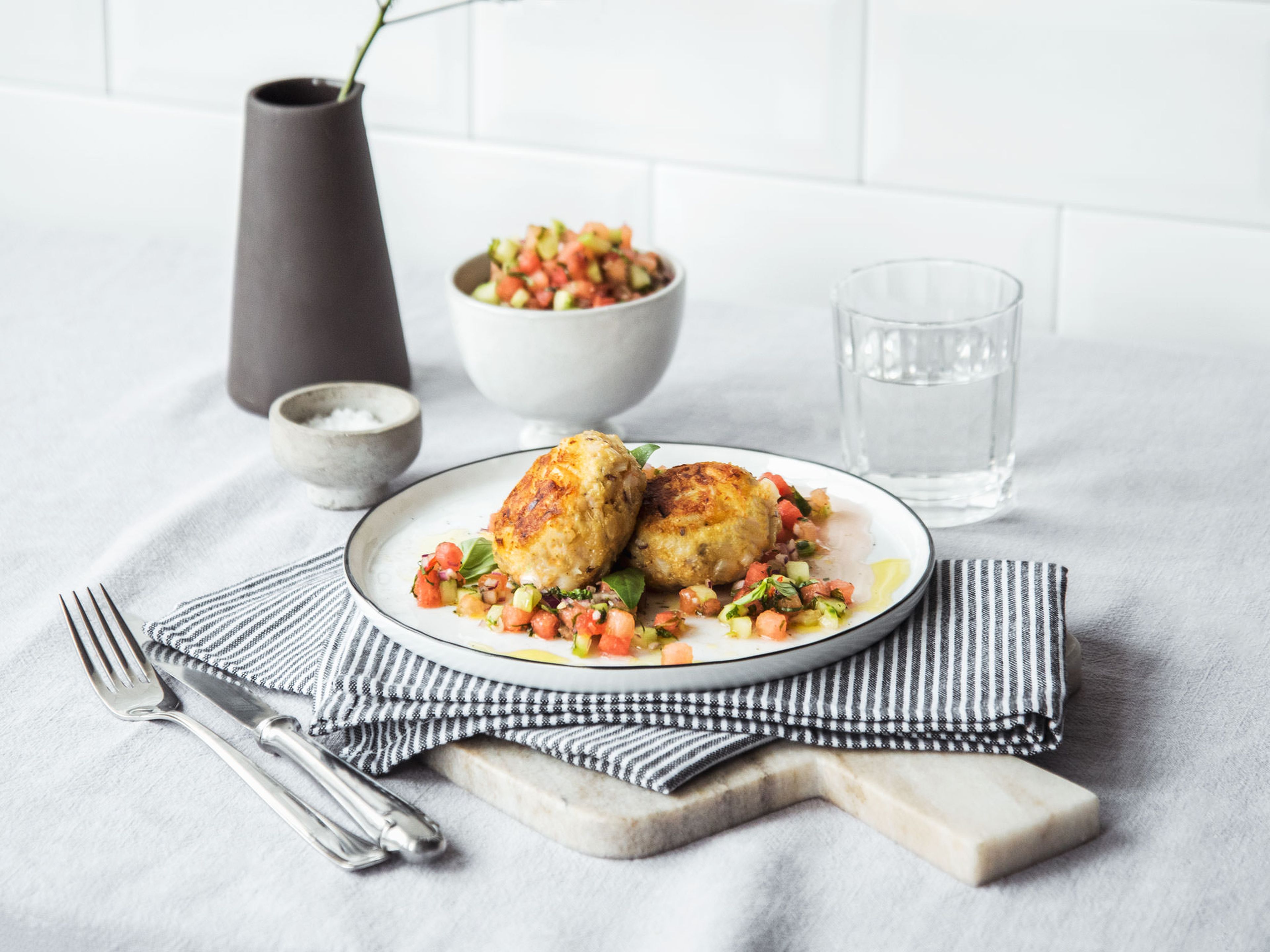 Fish cakes with watermelon salsa