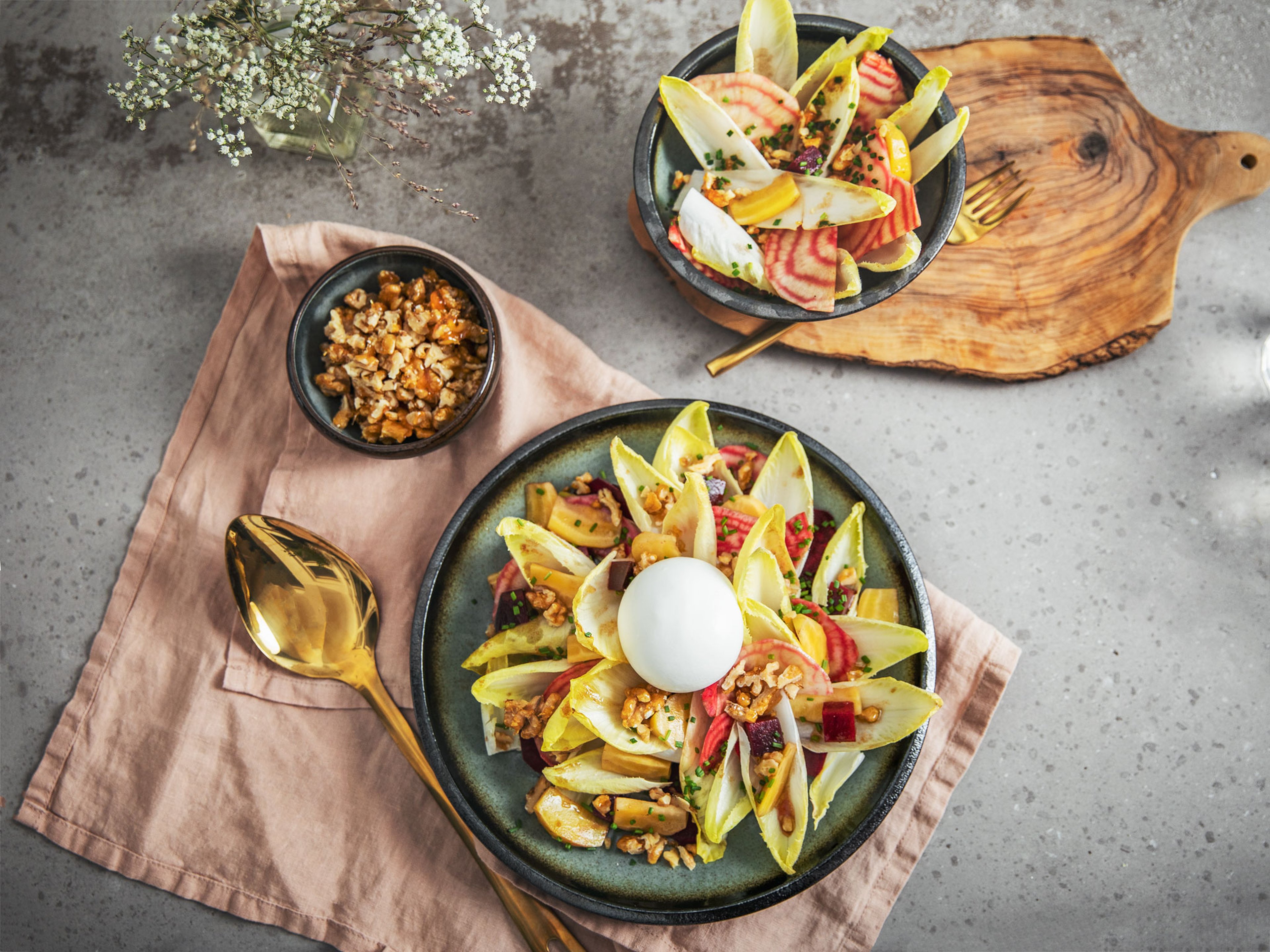 Endive, burrata, and beet salad with candied walnuts