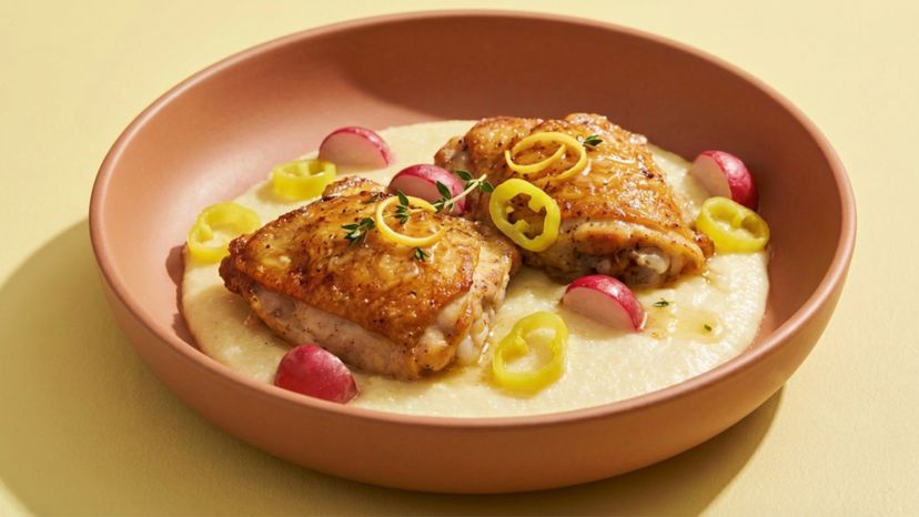 Saftiges Zitronenhähnchen aus dem Ofen mit Limoncello und cremiger Polenta