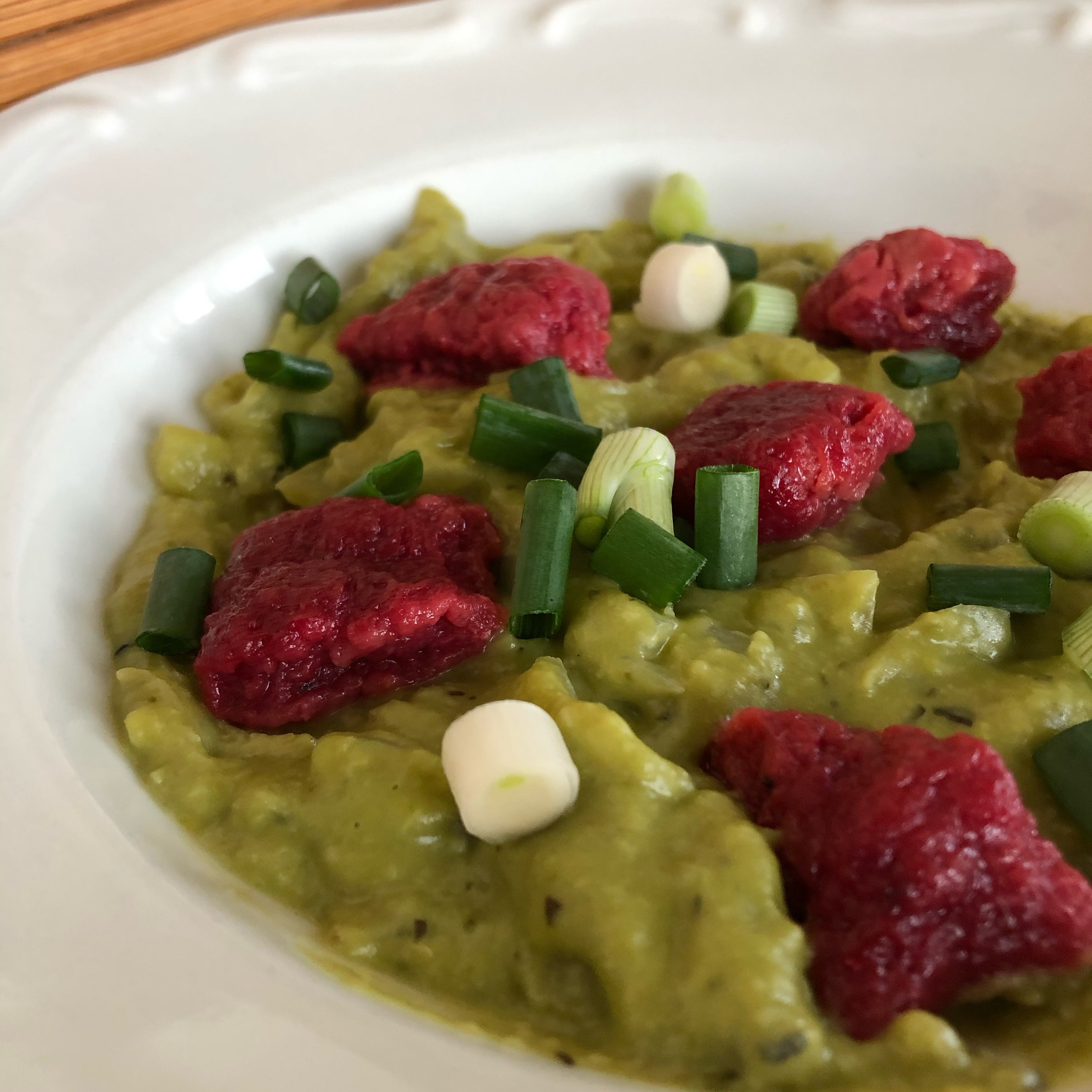 Beetroot gnocchi over a pea purée