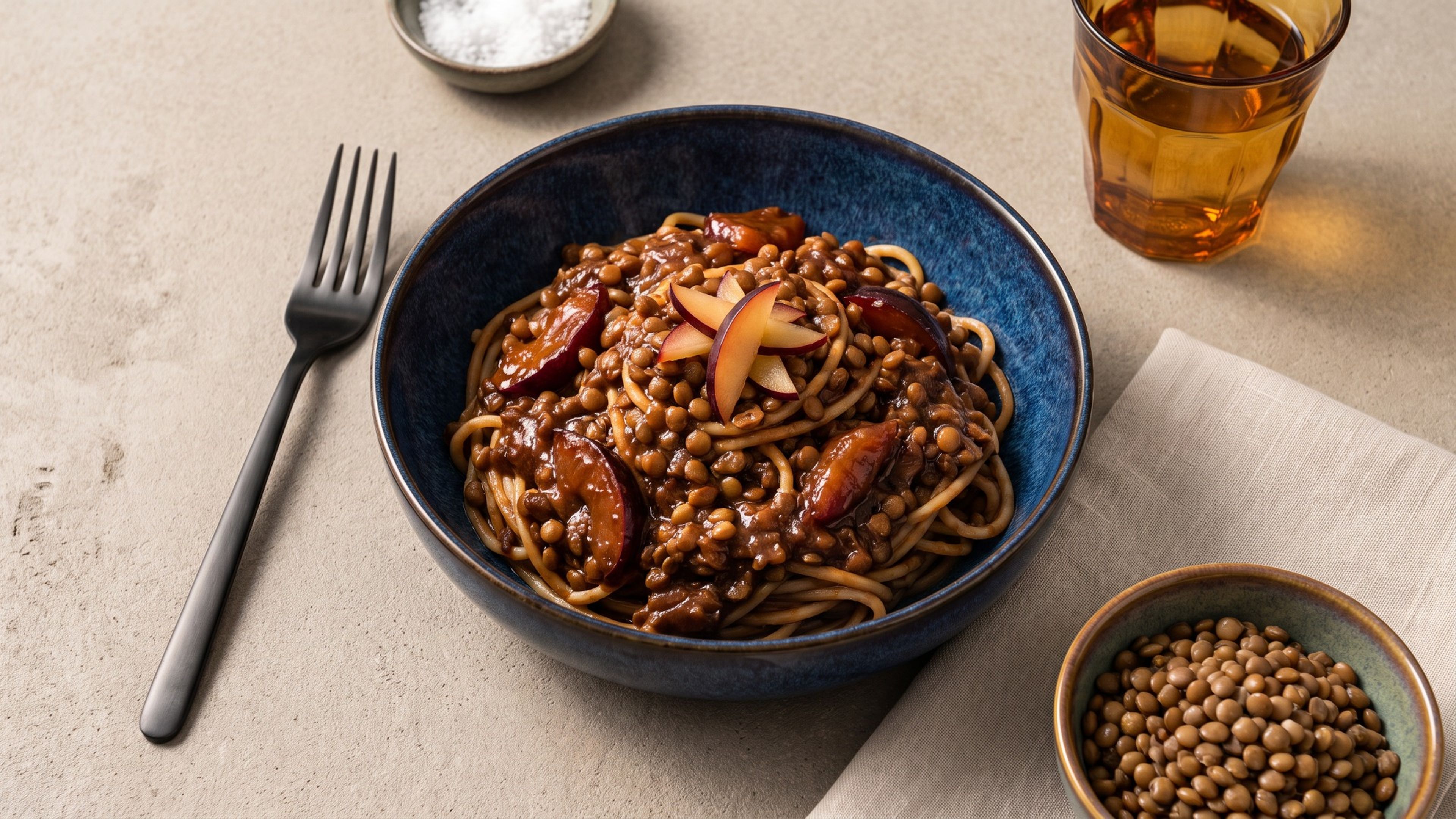 Fruchtige Umami-Pasta: Vegane Bolognese mit Linsen, Zwetschgen und Miso