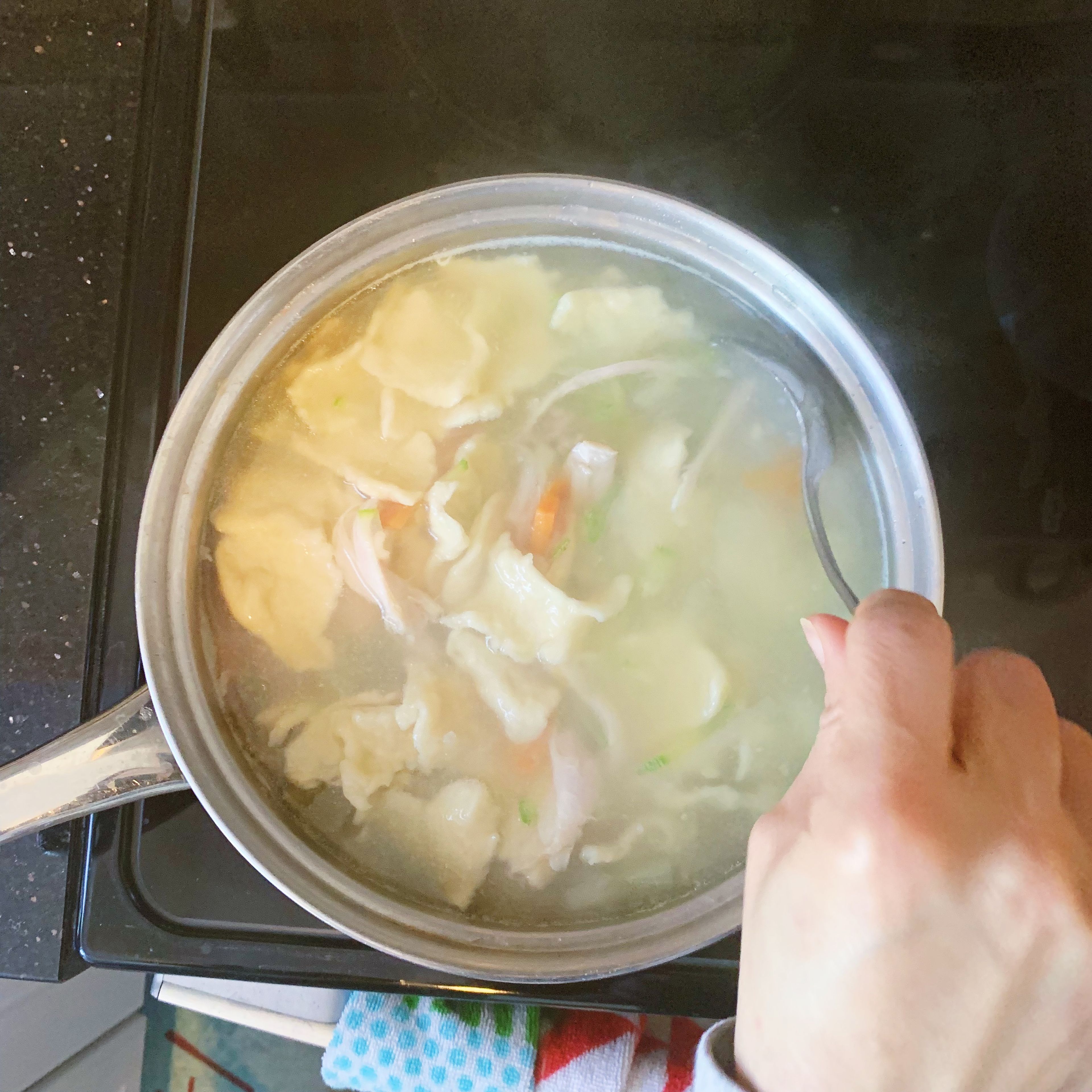 When the soup is boiling, take out a noodle and try it. If it’s chewy and put together, your soup is done!