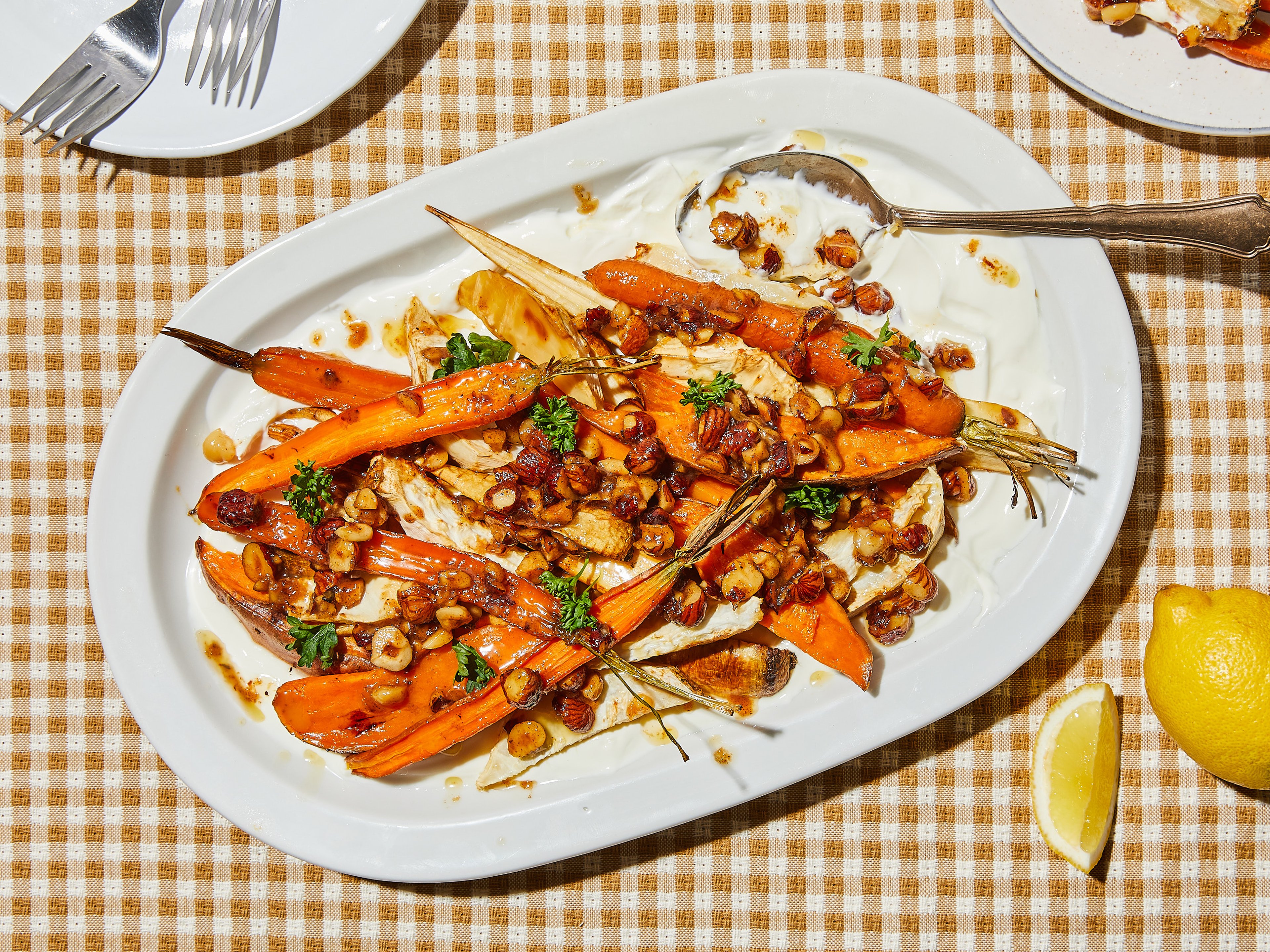 Roasted root vegetables with brown butter and hazelnuts