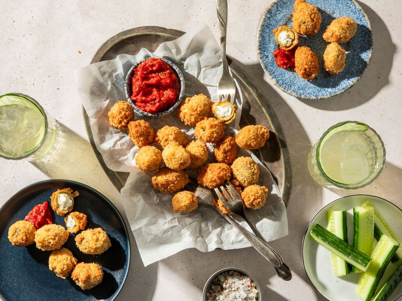 Panko fried olives stuffed with feta and spicy-tomato dip