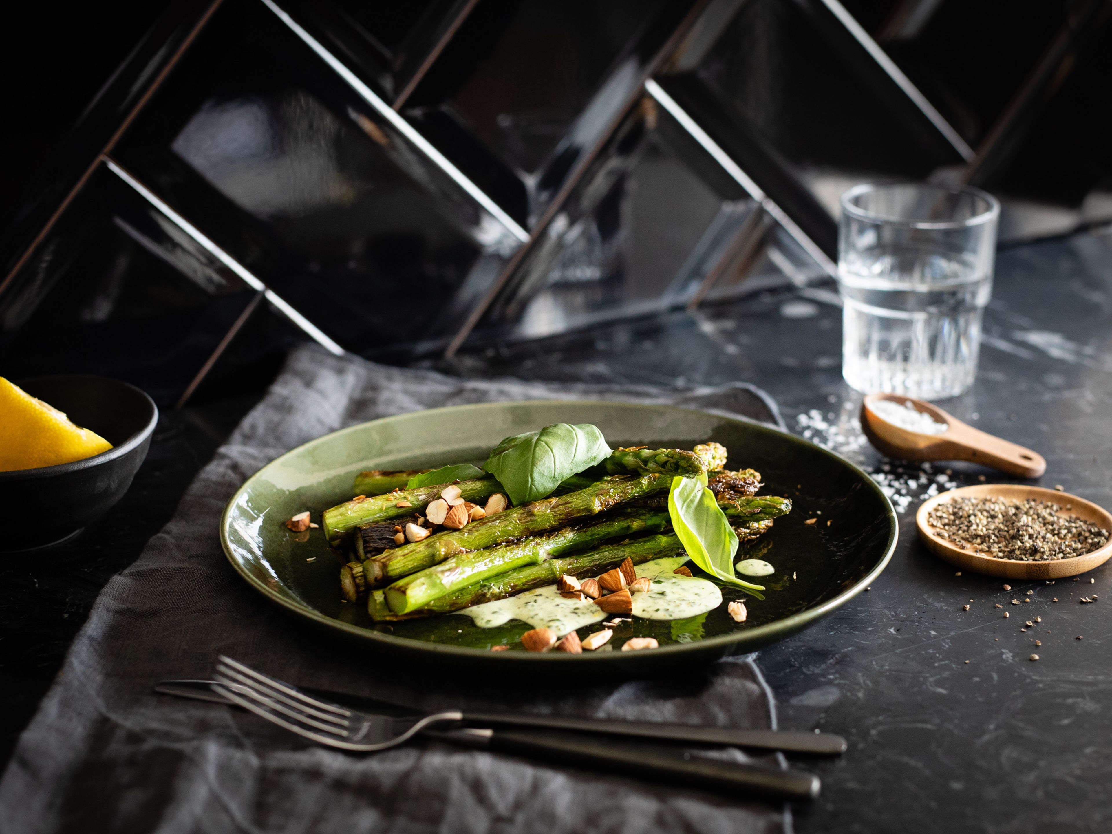 Charred asparagus salad with creamy basil dressing