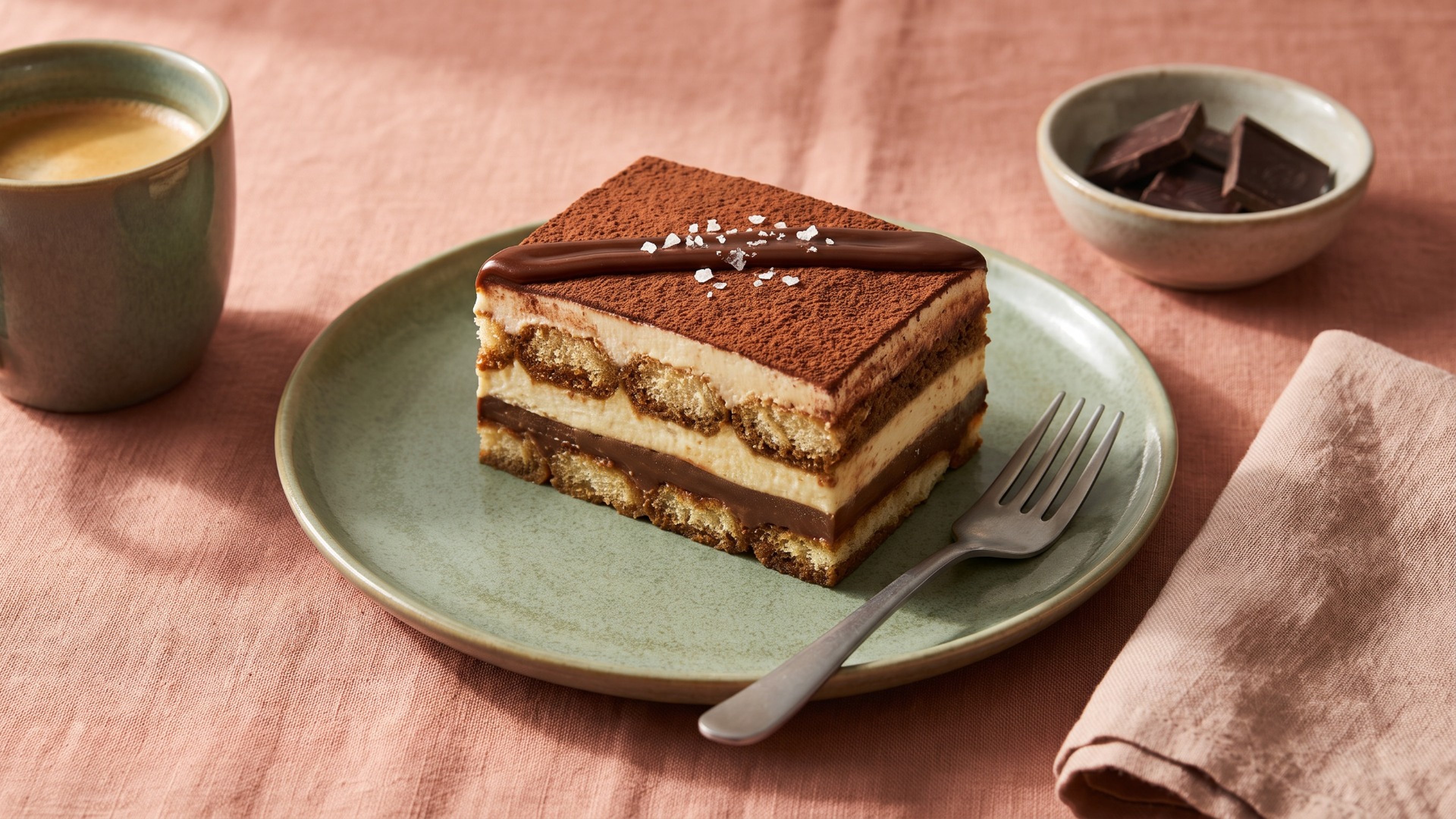 Cremiges Tiramisu mit dunkler Schokoladen-Karamell-Schicht