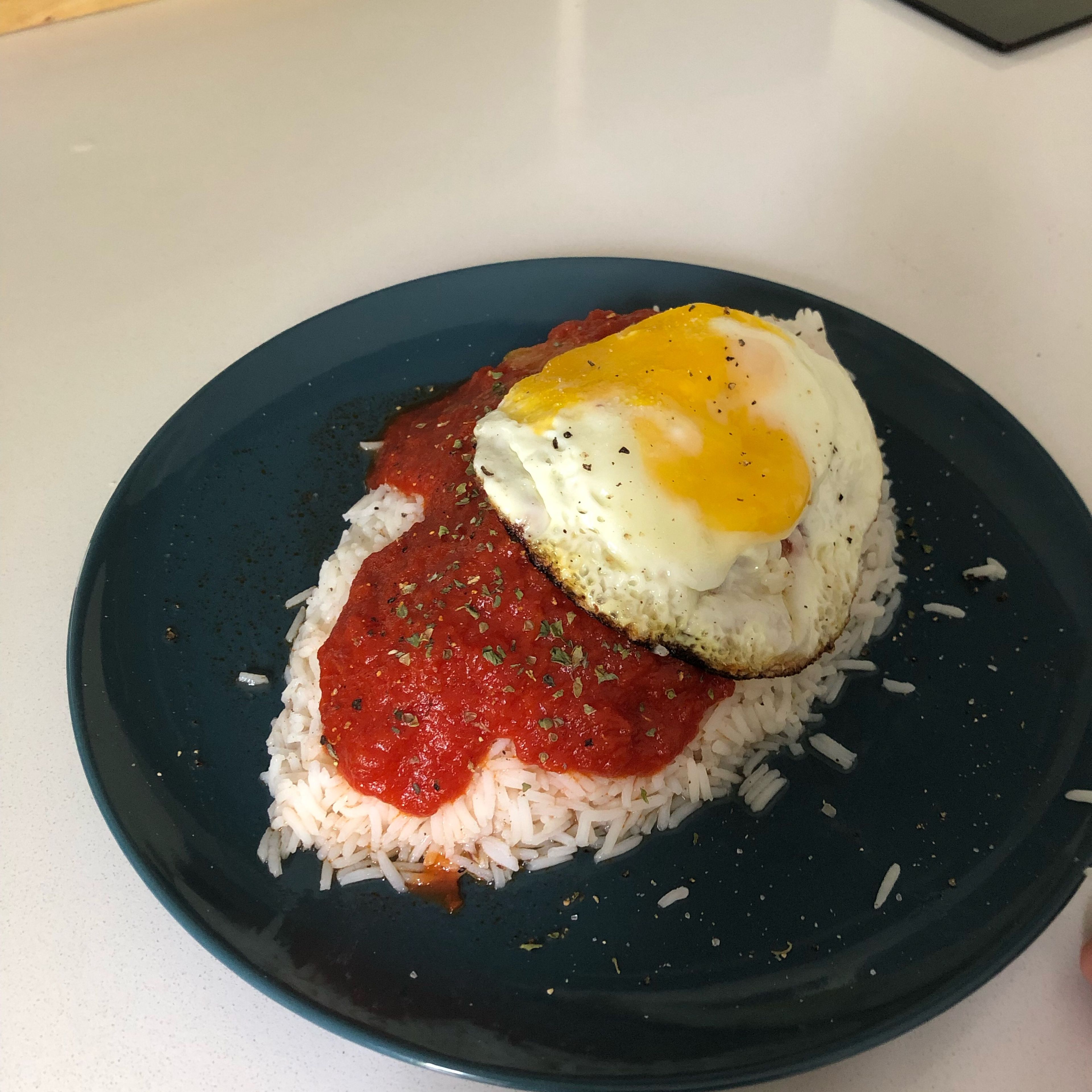 Put the rice in a plate, pour the tomato sauce direct from the can (no heating needed), top with the egg and finally sprinkle some dried oregano.