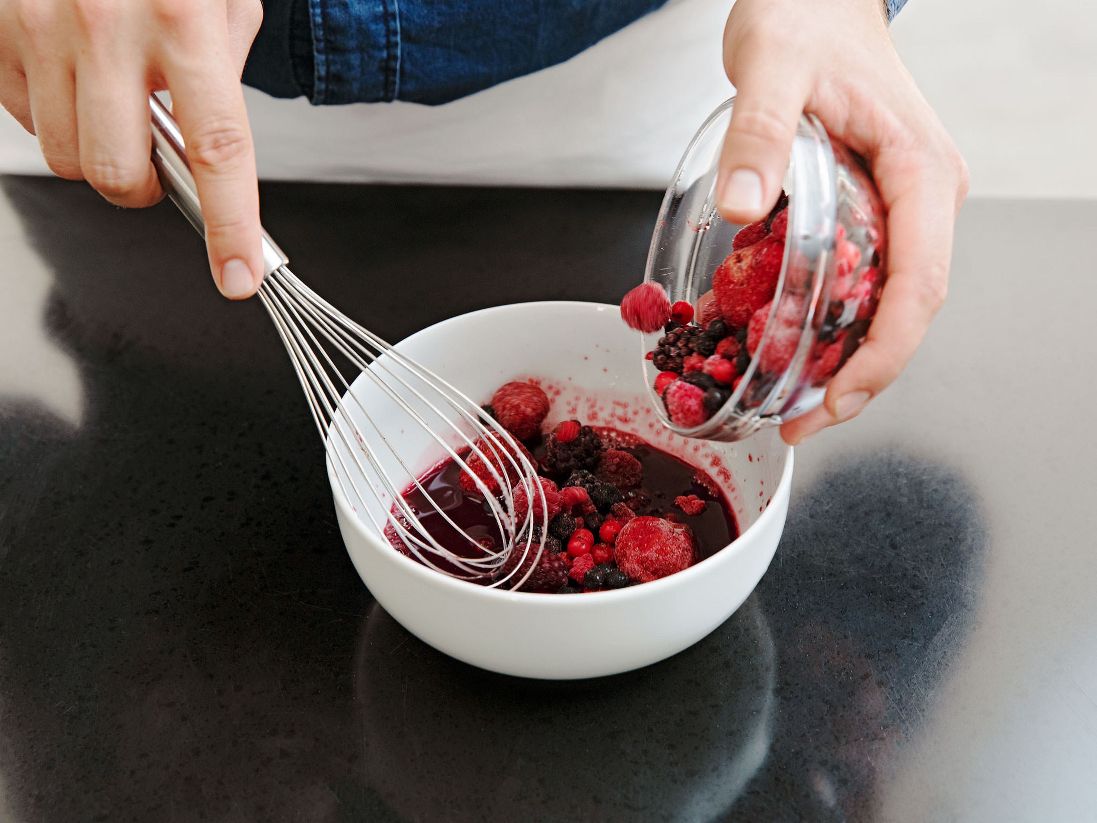 For the berry compote, mix cherry juice, sugar, and starch in another bowl. Add half of the frozen mixed berries.