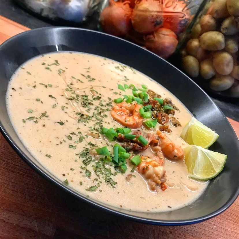 Asian style cream coconut milk soup with prawns