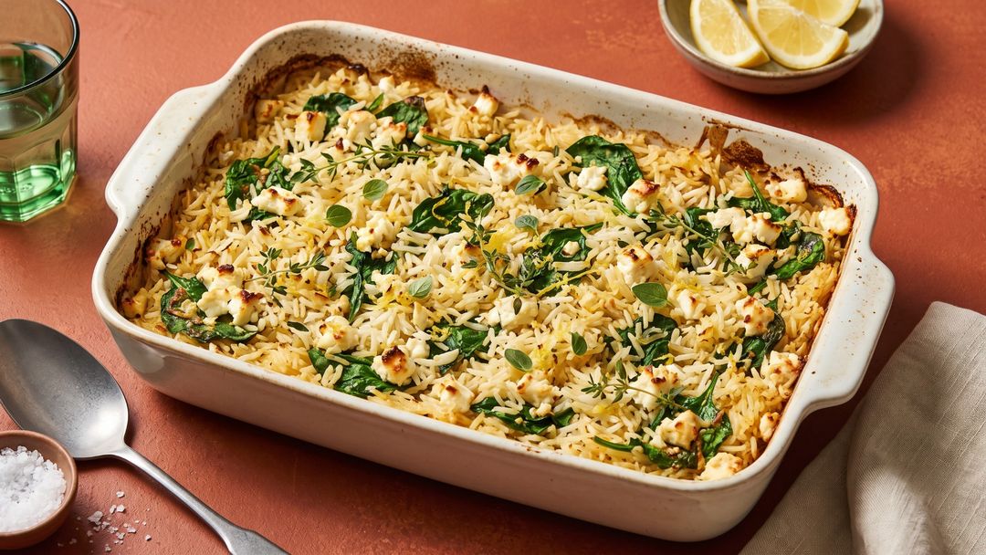 Ofengebackener Zitronenreis mit Spinat und cremigem Feta