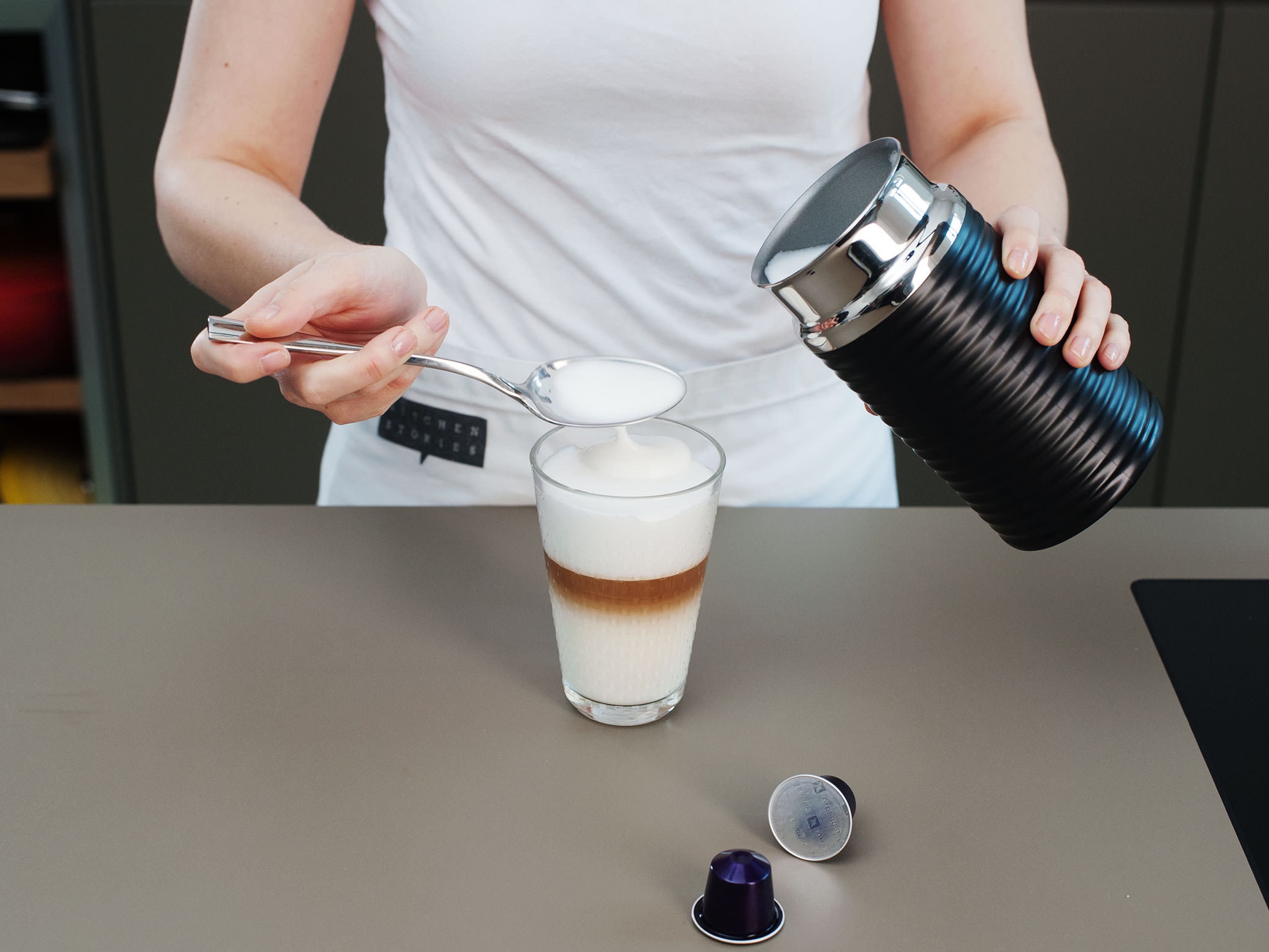 If you like more milk froth, just add some more milk to your Nespresso milk frother and top off your glass. Enjoy!