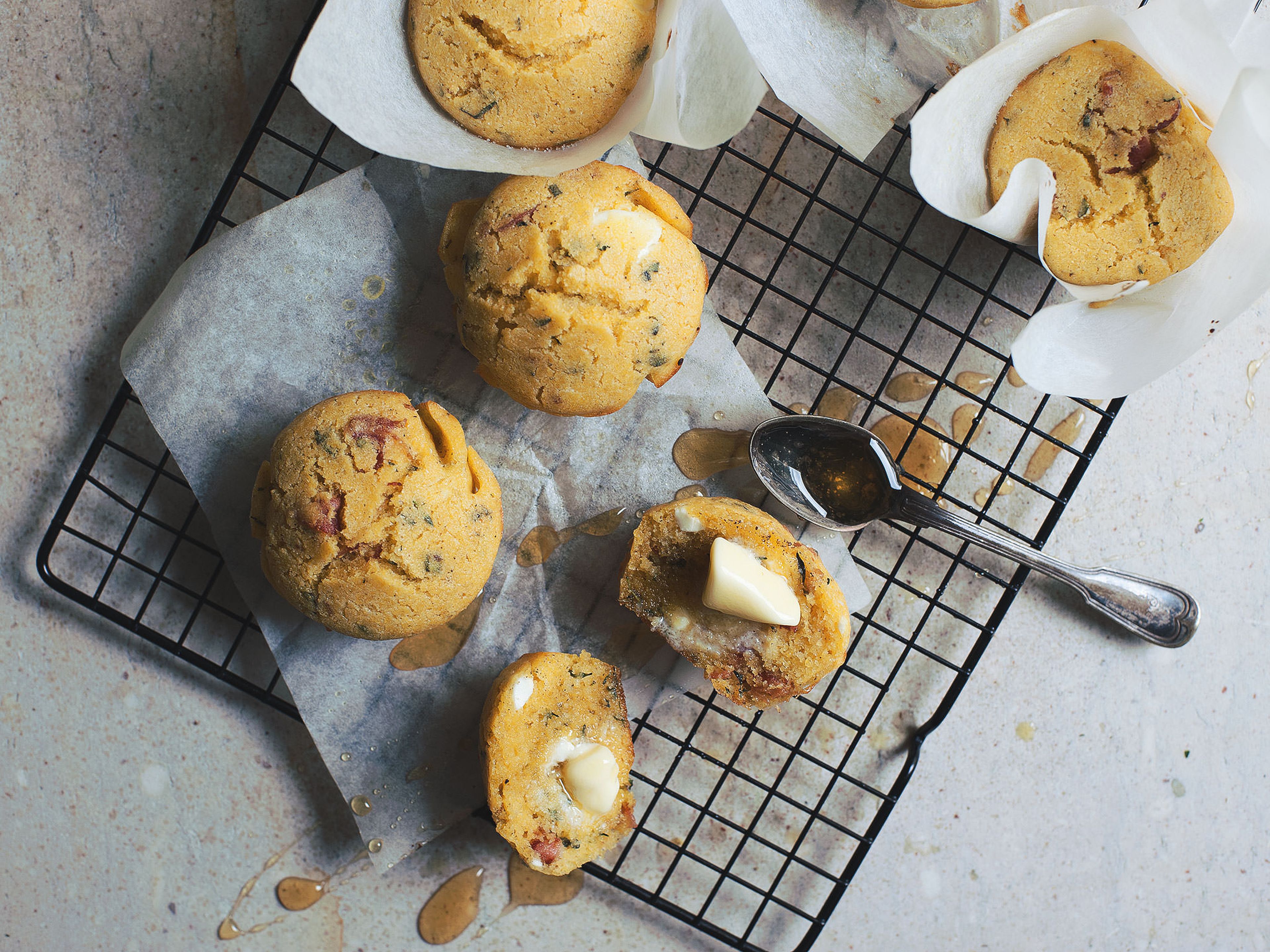 Corn muffins with bacon, herbs, and feta