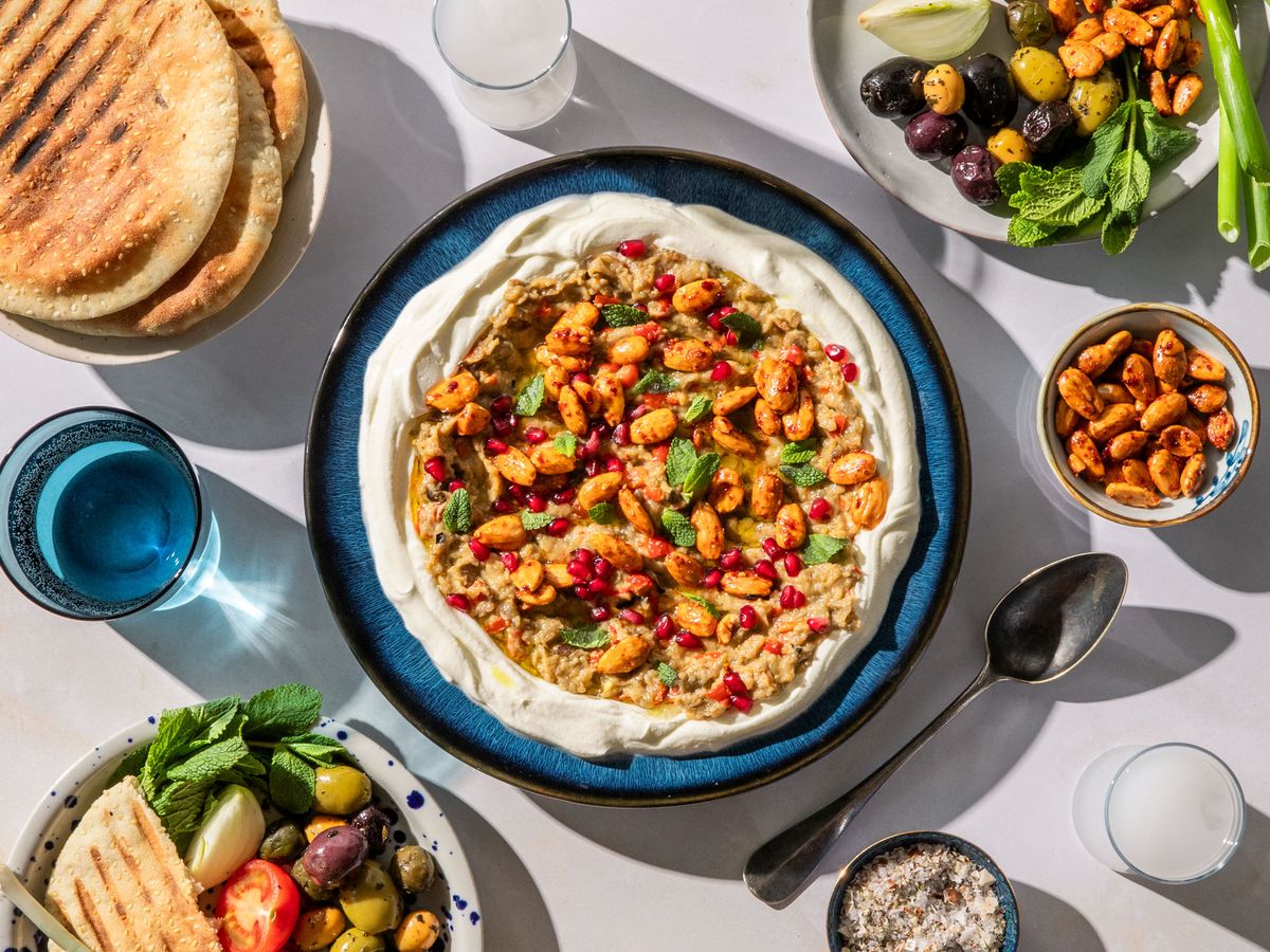 Smoky aubergine dip with labneh and harissa-spiced nuts | Recipe | Kitchen Stories
