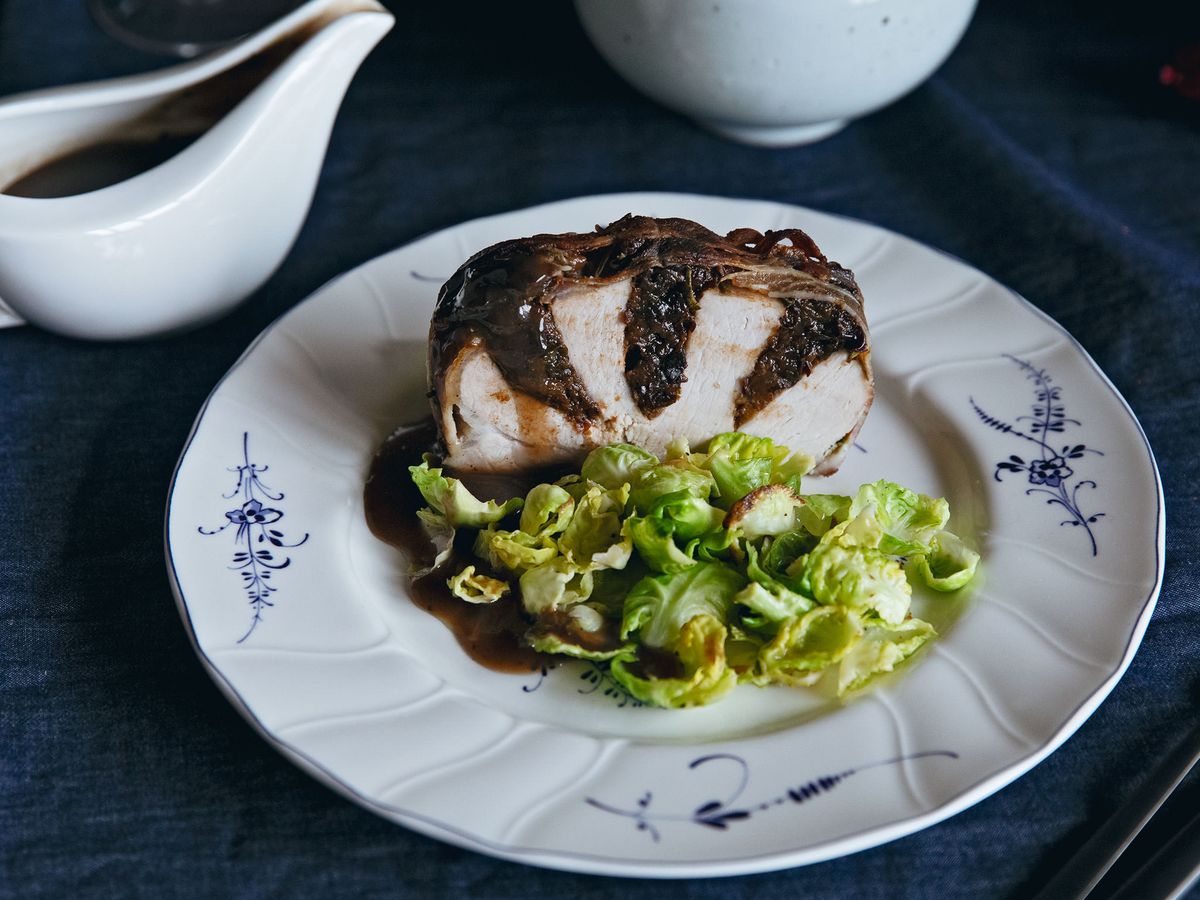 Bacon-wrapped stuffed pork loin roast with Brussels sprouts | Recipe | Kitchen Stories