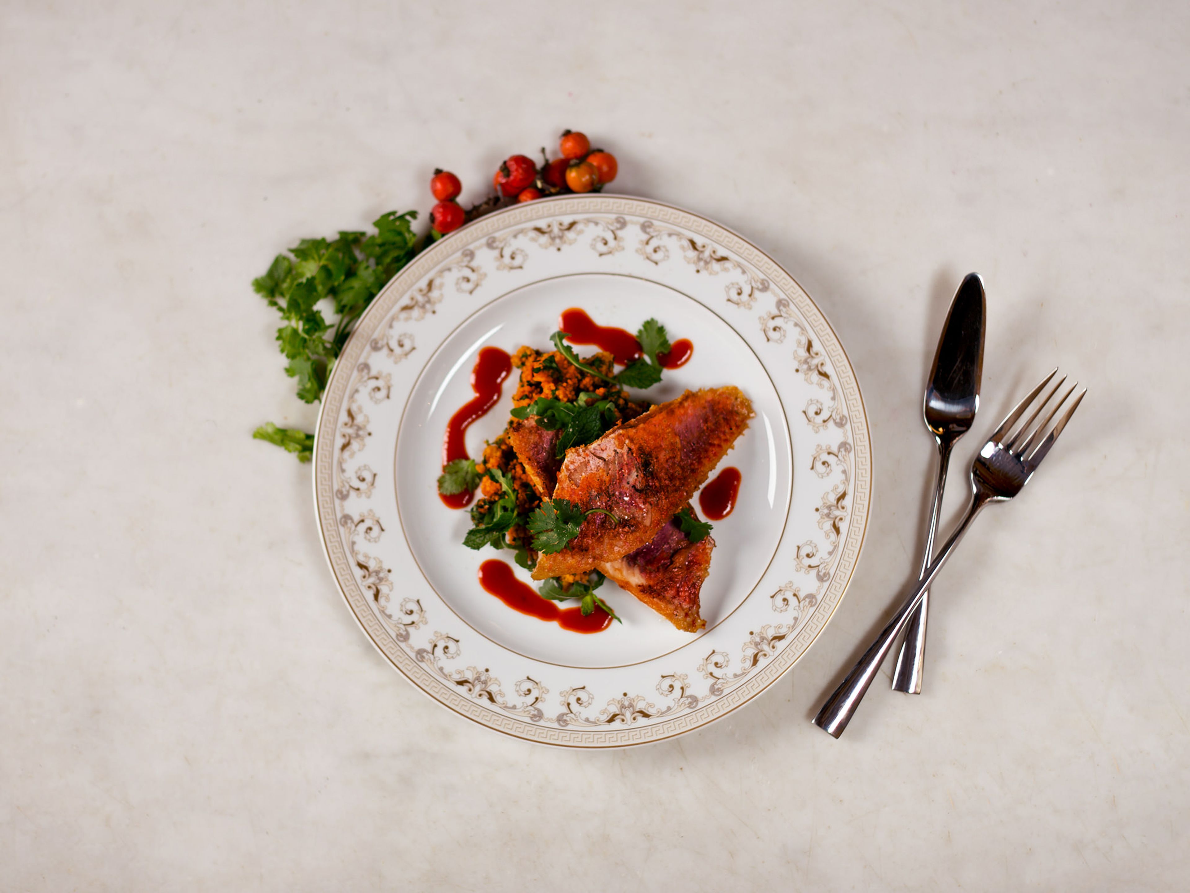 Crispy red mullet with paprika couscous