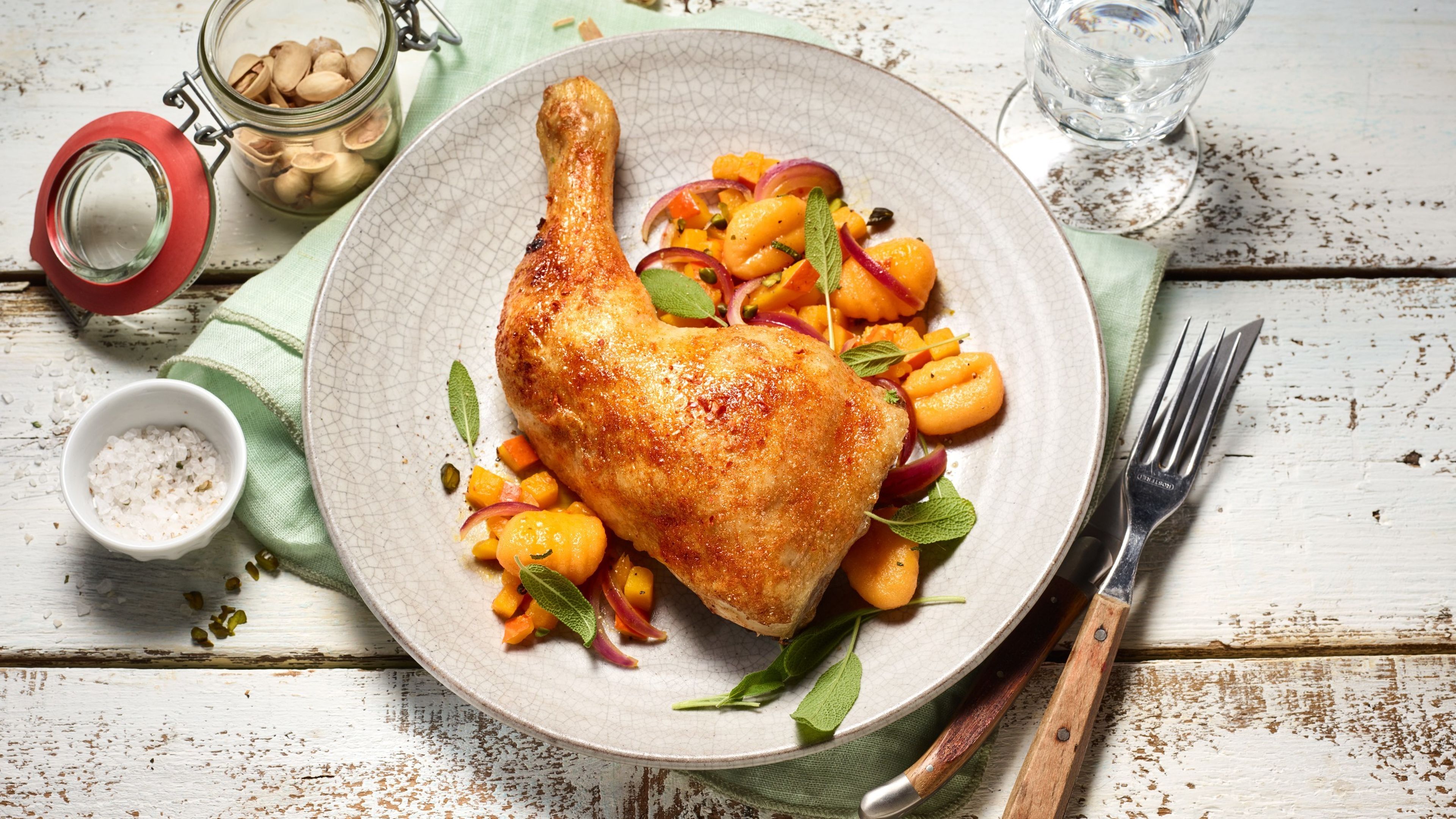 Gebratene Hähnchenkeule mit Kürbisgnocchi, Pistazien und Salbei