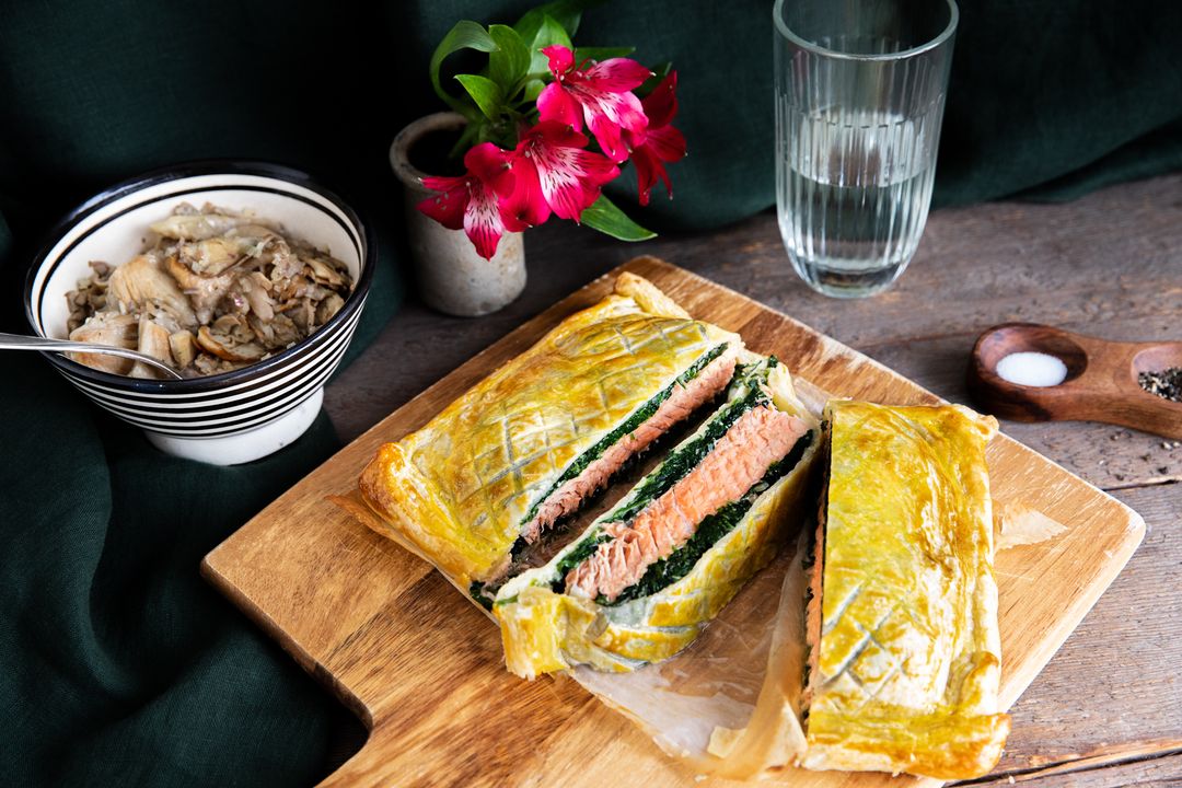 Salmon Wellington with oyster mushrooms