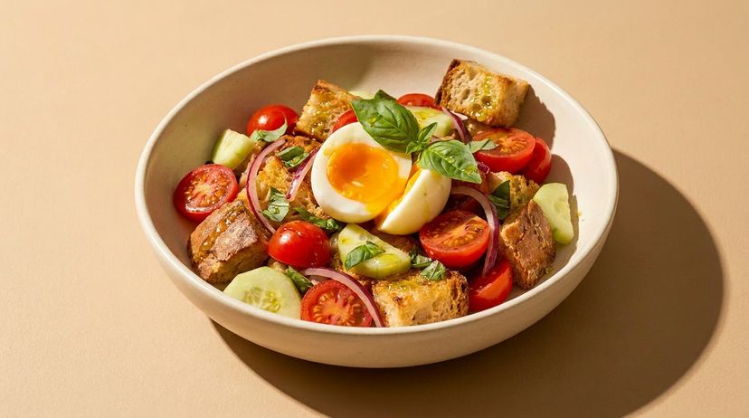Herzhafter Brotsalat zum Brunch: So machst du Frühstücks-Panzanella mit Ei