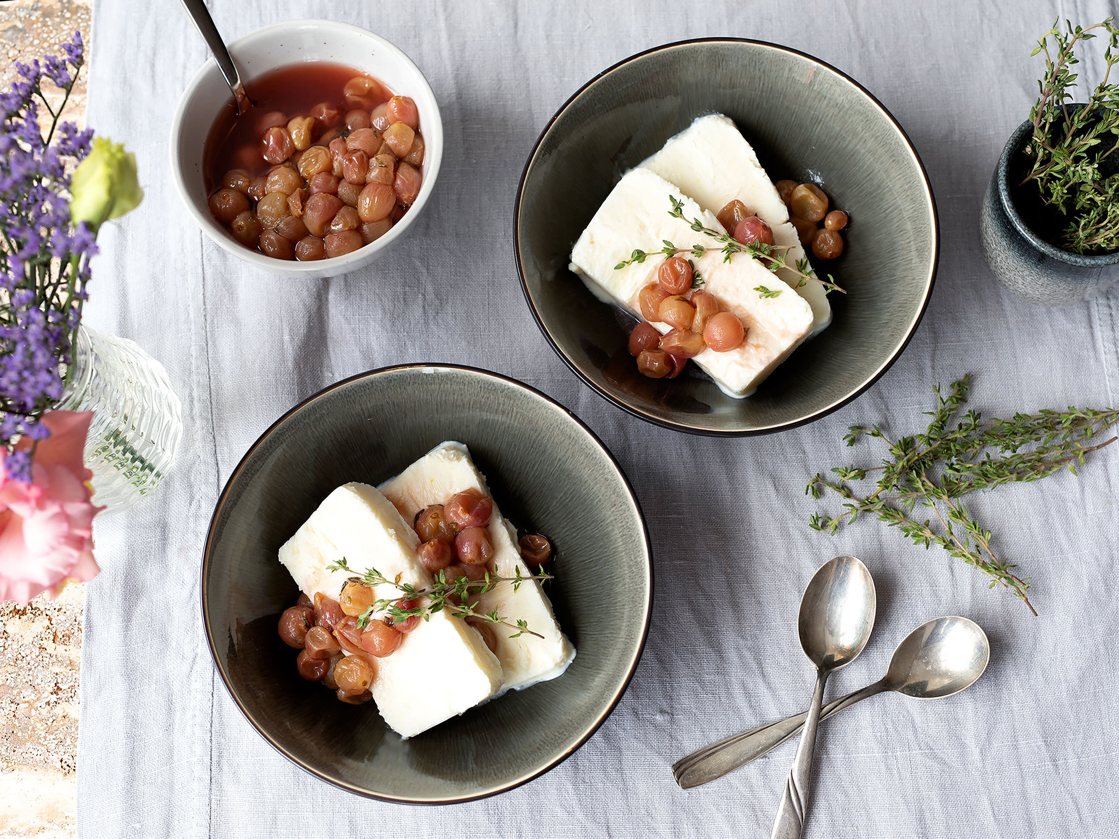 Lemon ricotta semifreddo with grape compote