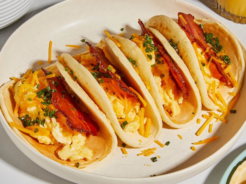 Pancake tacos with candied bacon and scrambled eggs