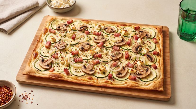 Knuspriger Flammkuchen belegt mit Zucchini, Champignons und herzhaftem Speck